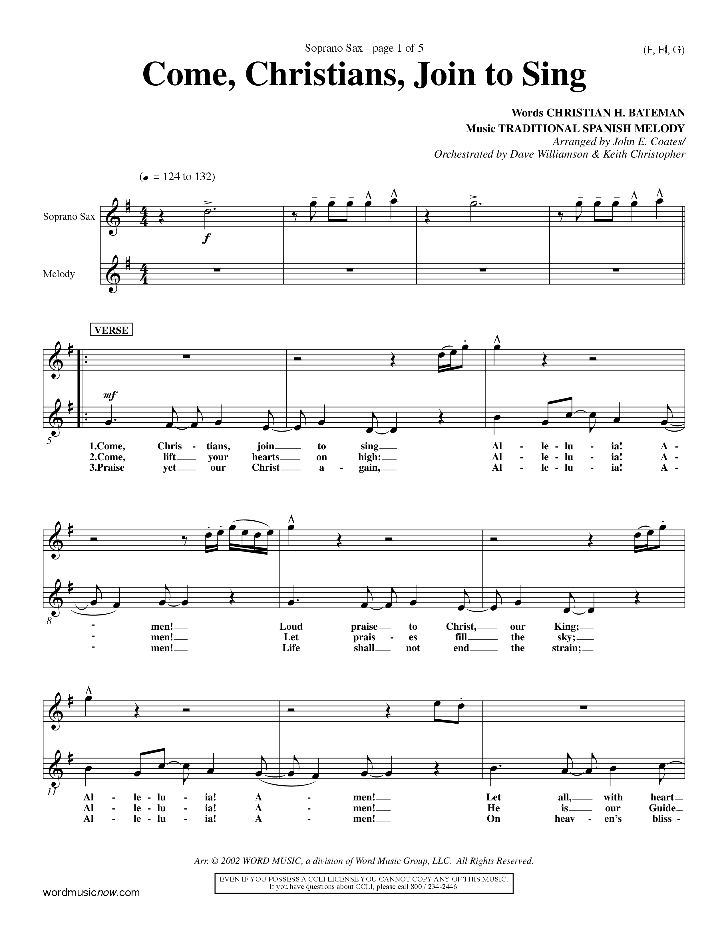 Come Christians Join To Sing Saxophone (Word Music Choral / Arr. John Coates / Orch. Dave Williamson / Orch. Keith Christopher)