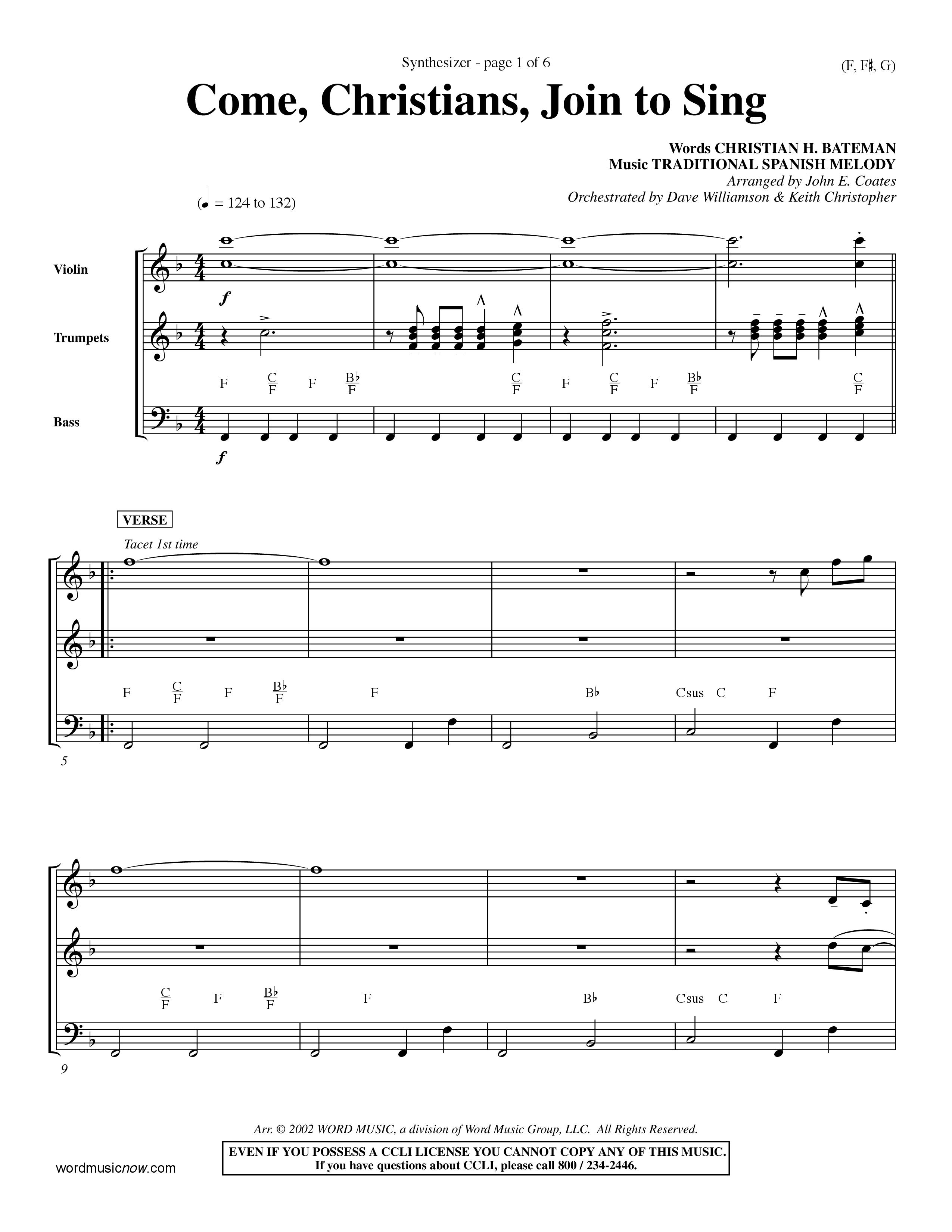 Come Christians Join To Sing Synth (Word Music Choral / Arr. John Coates / Orch. Dave Williamson / Orch. Keith Christopher)