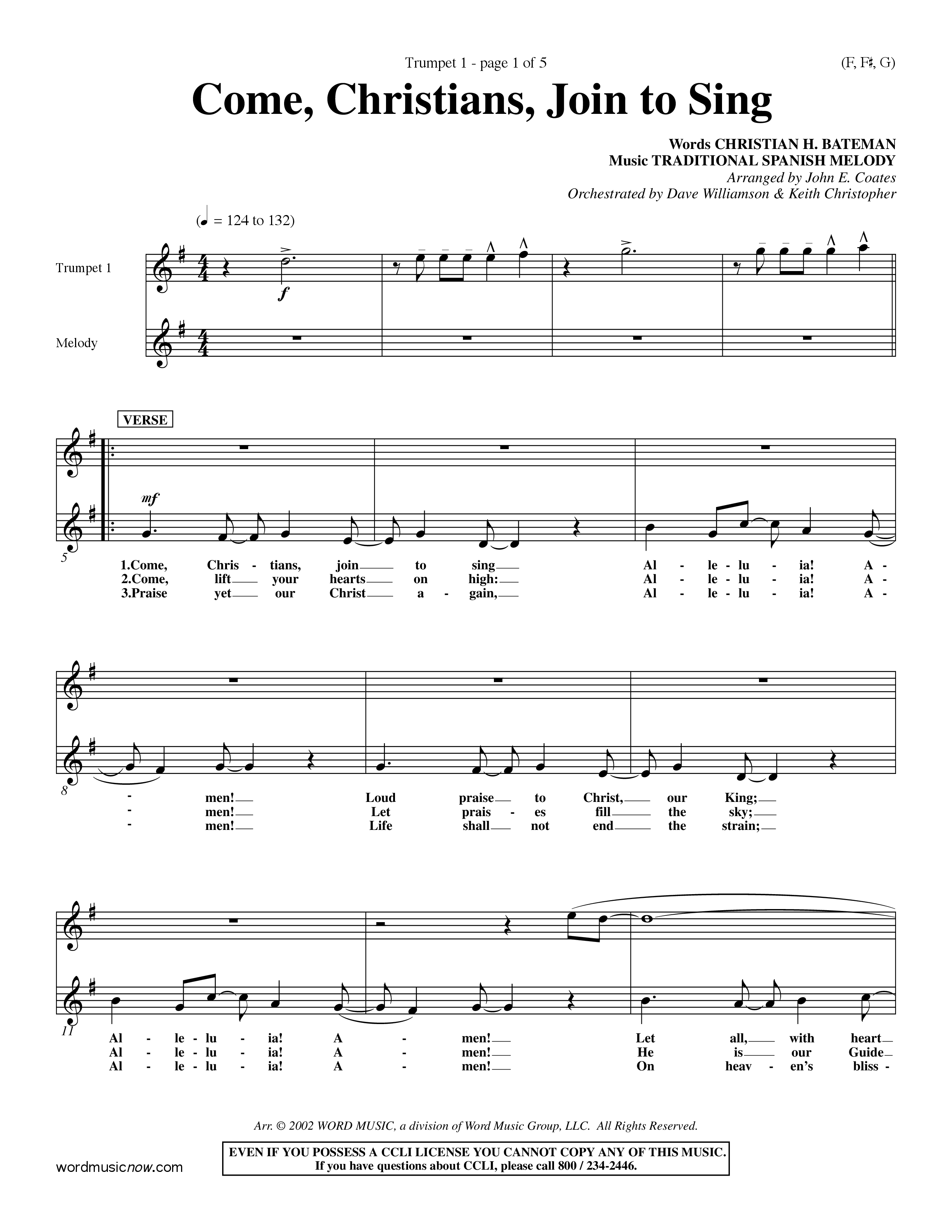 Come Christians Join To Sing Trumpet 1 (Word Music Choral / Arr. John Coates / Orch. Dave Williamson / Orch. Keith Christopher)