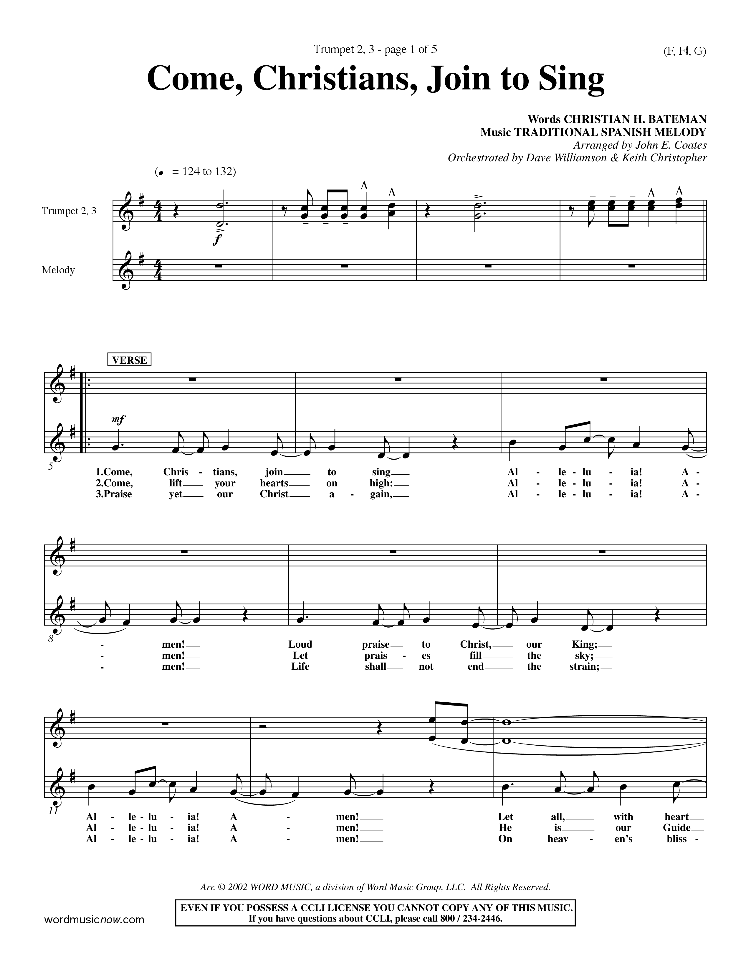 Come Christians Join To Sing Trumpet 2/3 (Word Music Choral / Arr. John Coates / Orch. Dave Williamson / Orch. Keith Christopher)