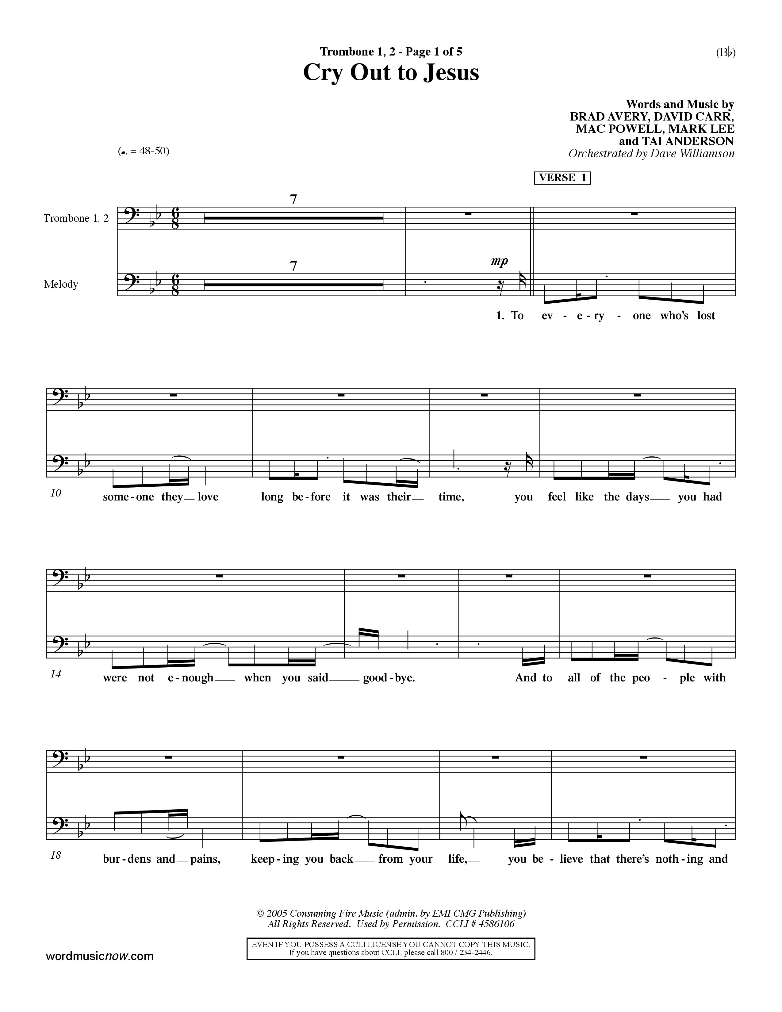 Cry Out To Jesus (Choral Anthem SATB) Trombone 1/2 (Word Music Choral / Orch. Dave Williamson)