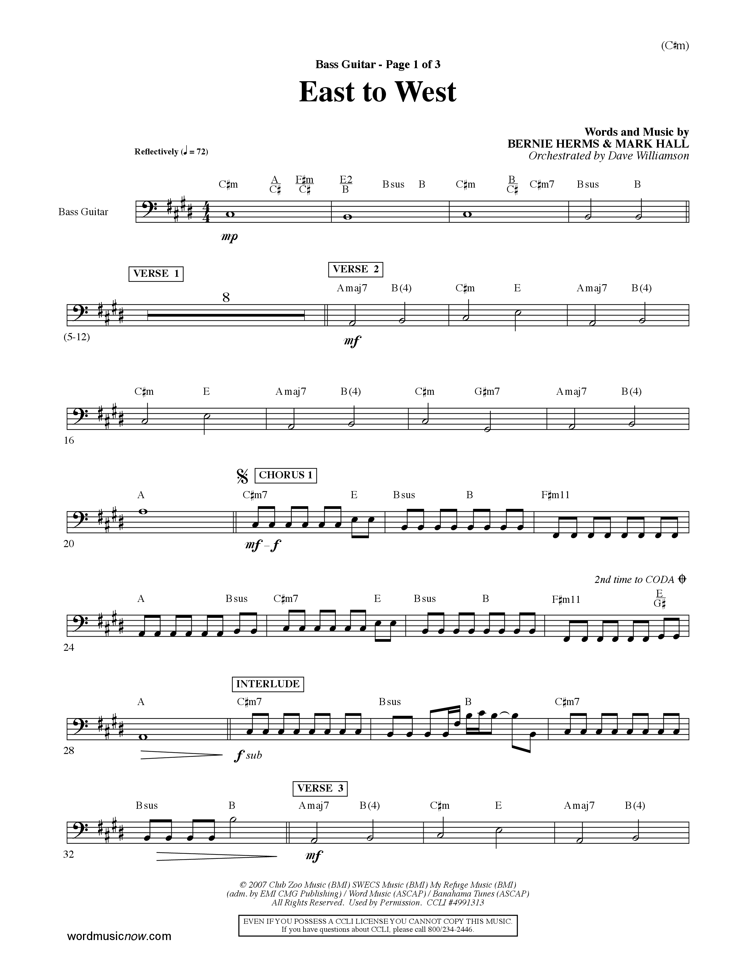 East To West (Choral Anthem SATB) Bass Guitar (Word Music Choral / Orch. Dave Williamson)