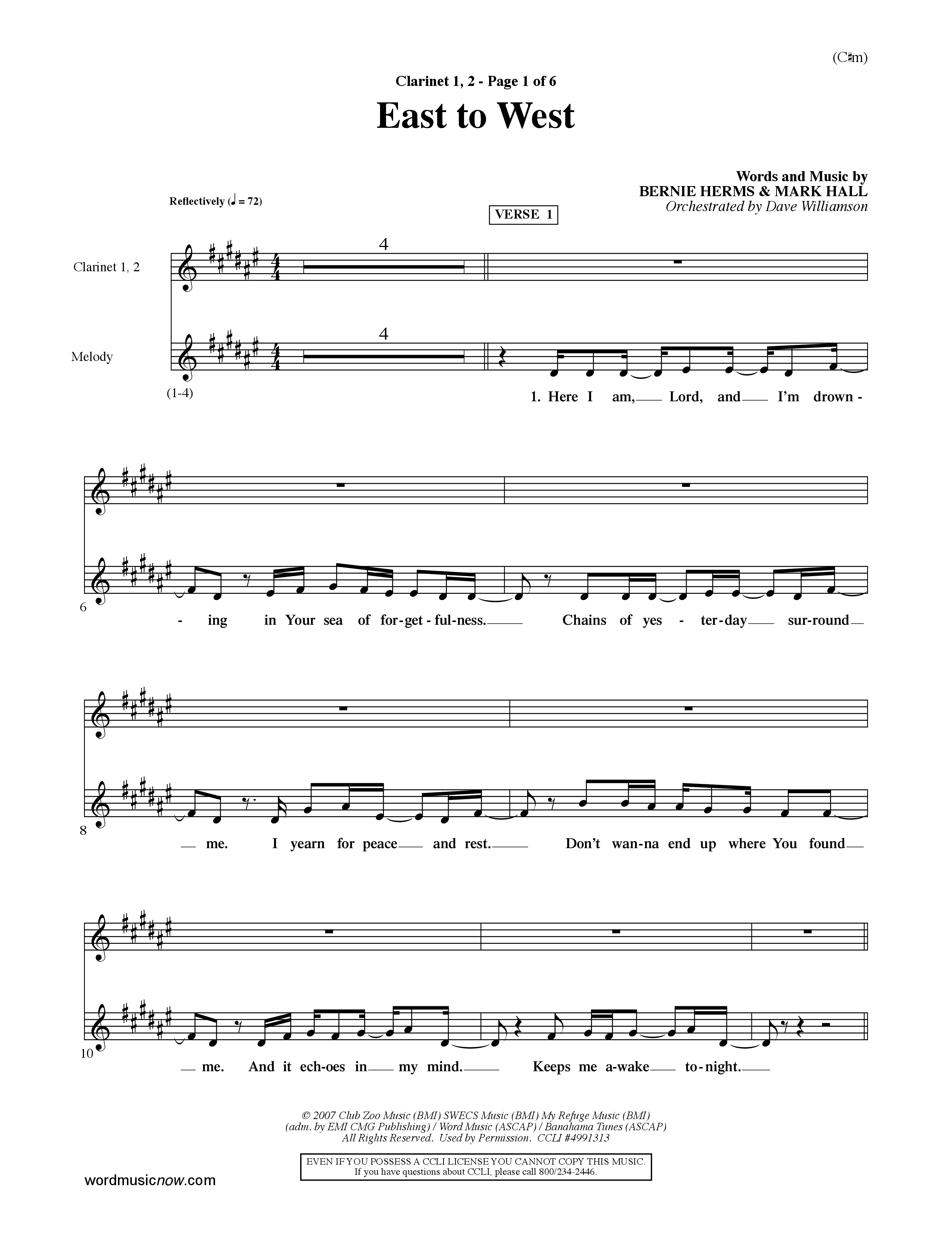 East To West (Choral Anthem SATB) Clarinet 1/2 (Word Music Choral / Orch. Dave Williamson)