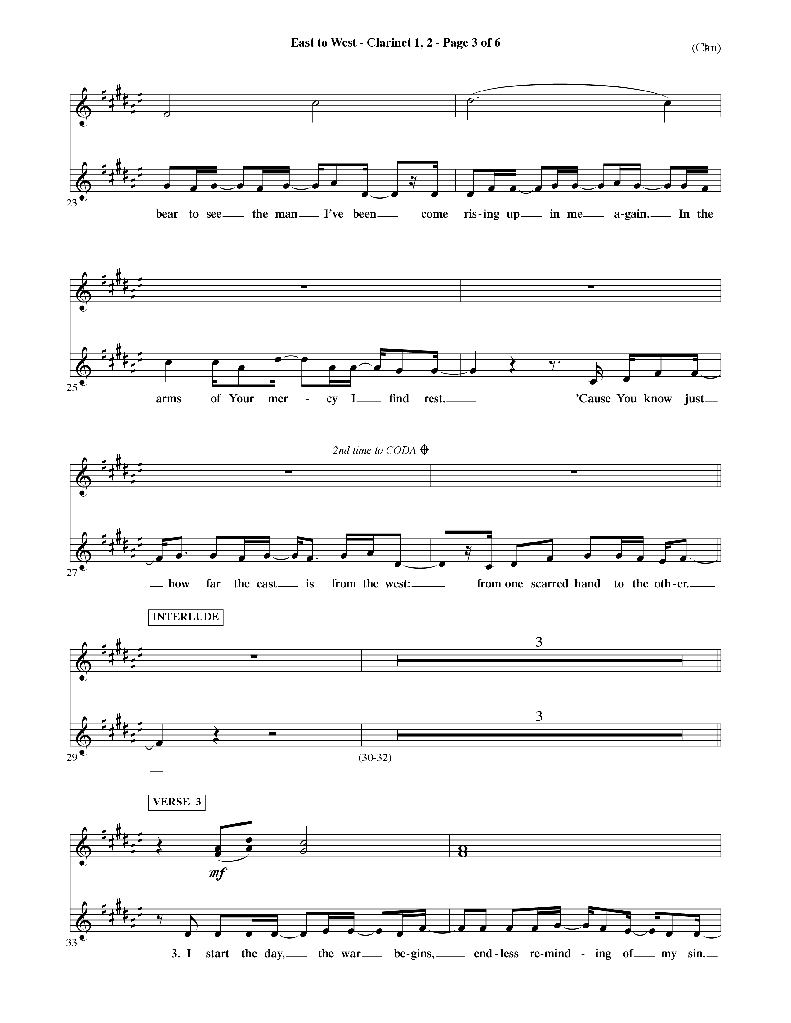 East To West (Choral Anthem SATB) Clarinet 1/2 (Word Music Choral / Orch. Dave Williamson)