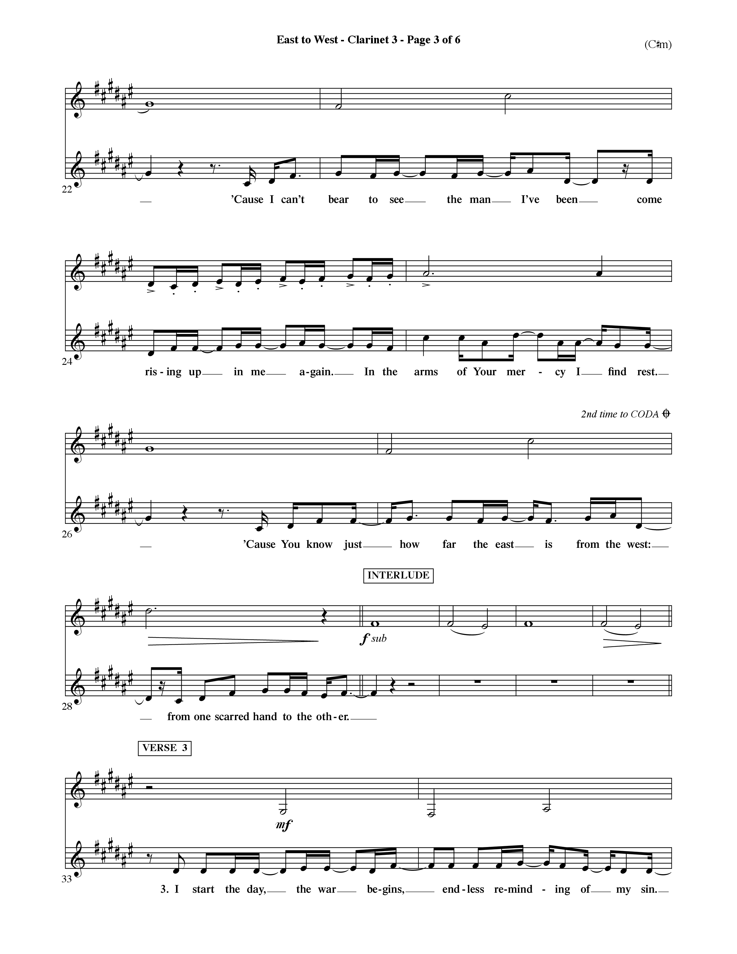 East To West (Choral Anthem SATB) Clarinet 3 (Word Music Choral / Orch. Dave Williamson)