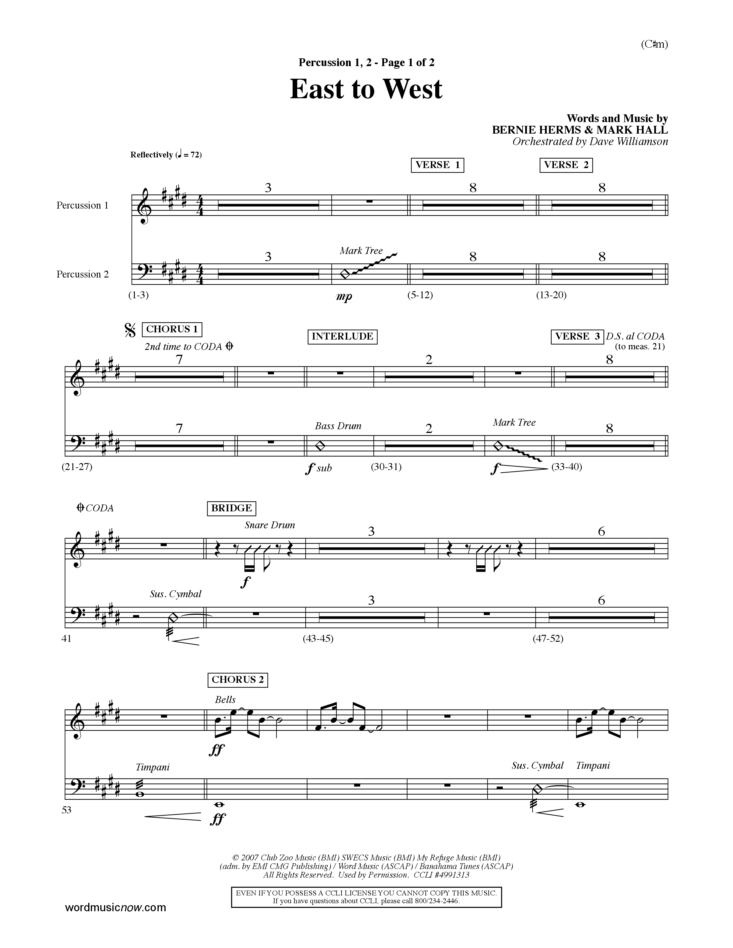 East To West (Choral Anthem SATB) Percussion 1/2 (Word Music Choral / Orch. Dave Williamson)