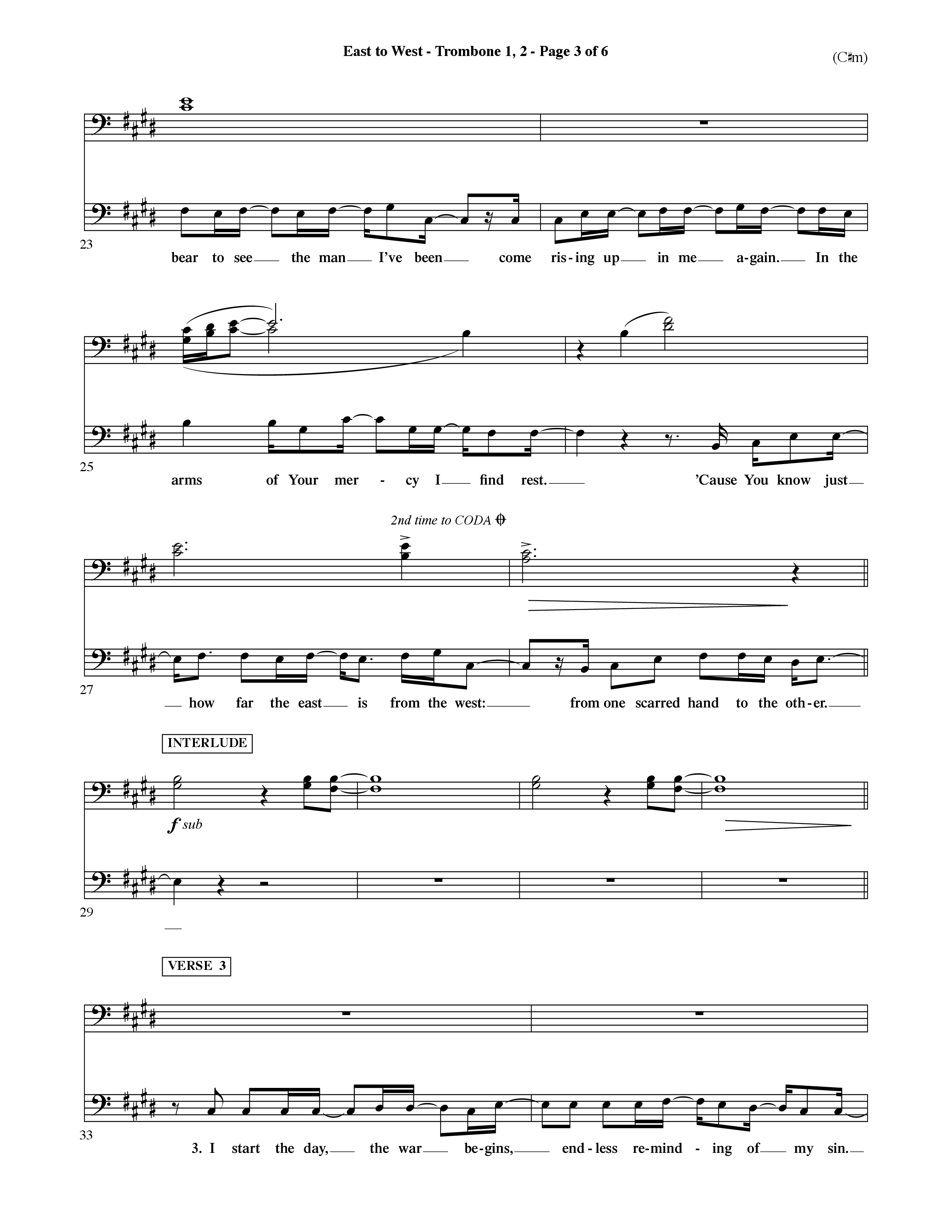 East To West (Choral Anthem SATB) Trombone 1/2 (Word Music Choral / Orch. Dave Williamson)