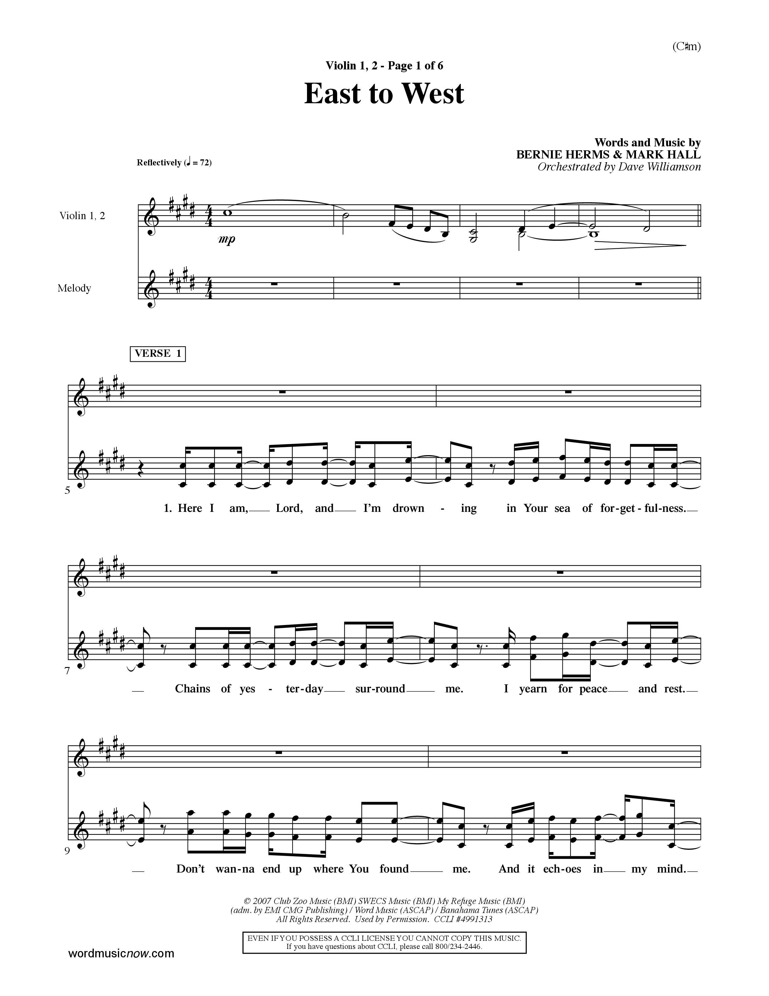 East To West (Choral Anthem SATB) Violin 1/2 (Word Music Choral / Orch. Dave Williamson)