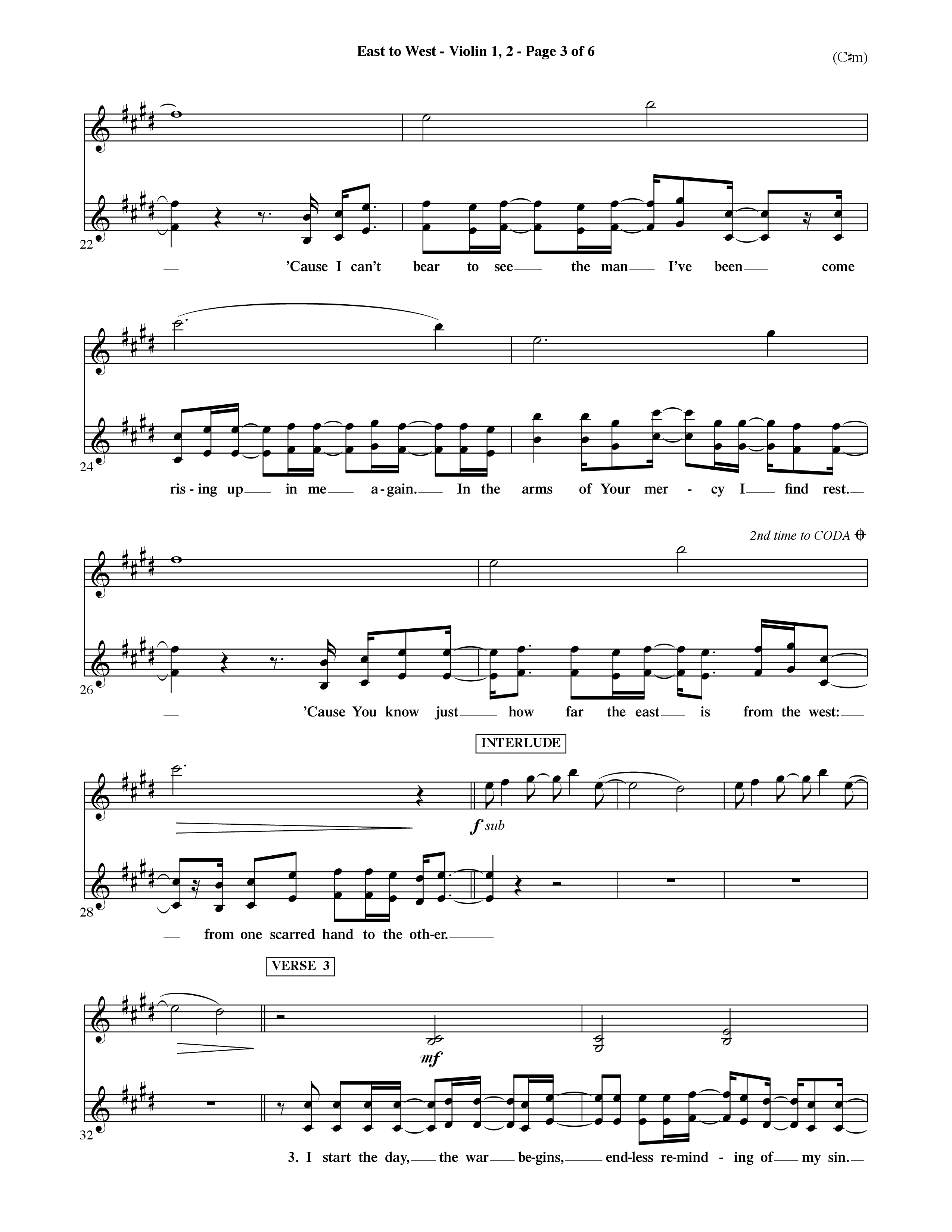 East To West (Choral Anthem SATB) Violin 1/2 (Word Music Choral / Orch. Dave Williamson)