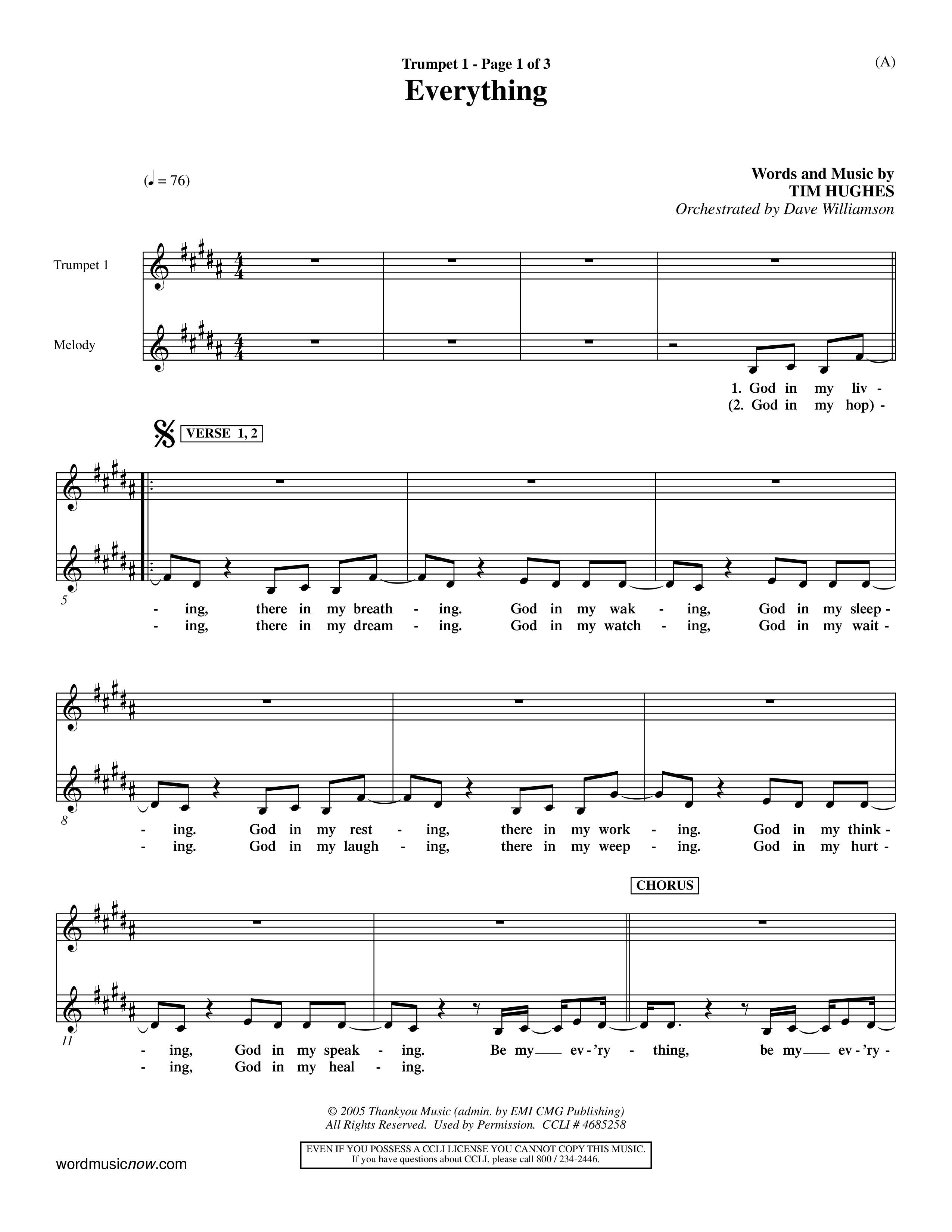 Everything (Choral Anthem SATB) Trumpet 1 (Word Music Choral / Orch. Dave Williamson)