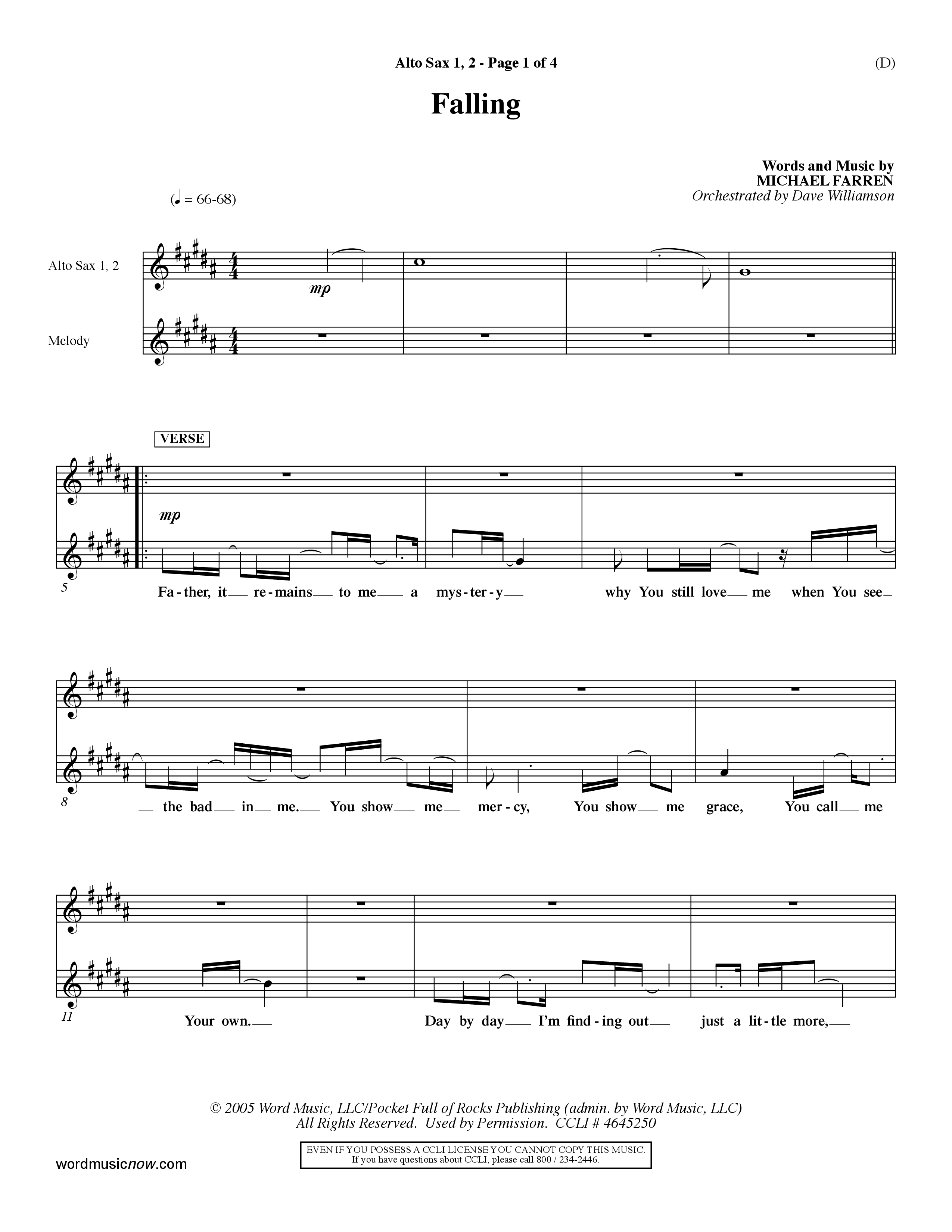 Falling (Choral Anthem SATB) Alto Sax 1/2 (Word Music Choral / Orch. Dave Williamson)