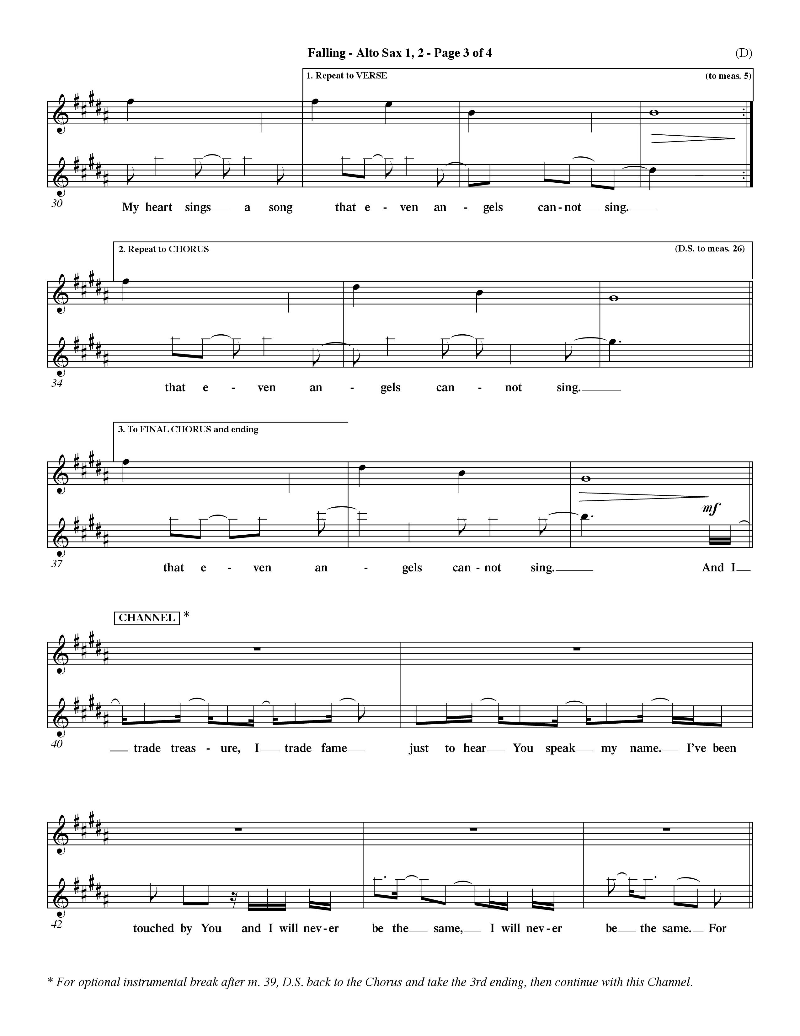 Falling (Choral Anthem SATB) Alto Sax 1/2 (Word Music Choral / Orch. Dave Williamson)