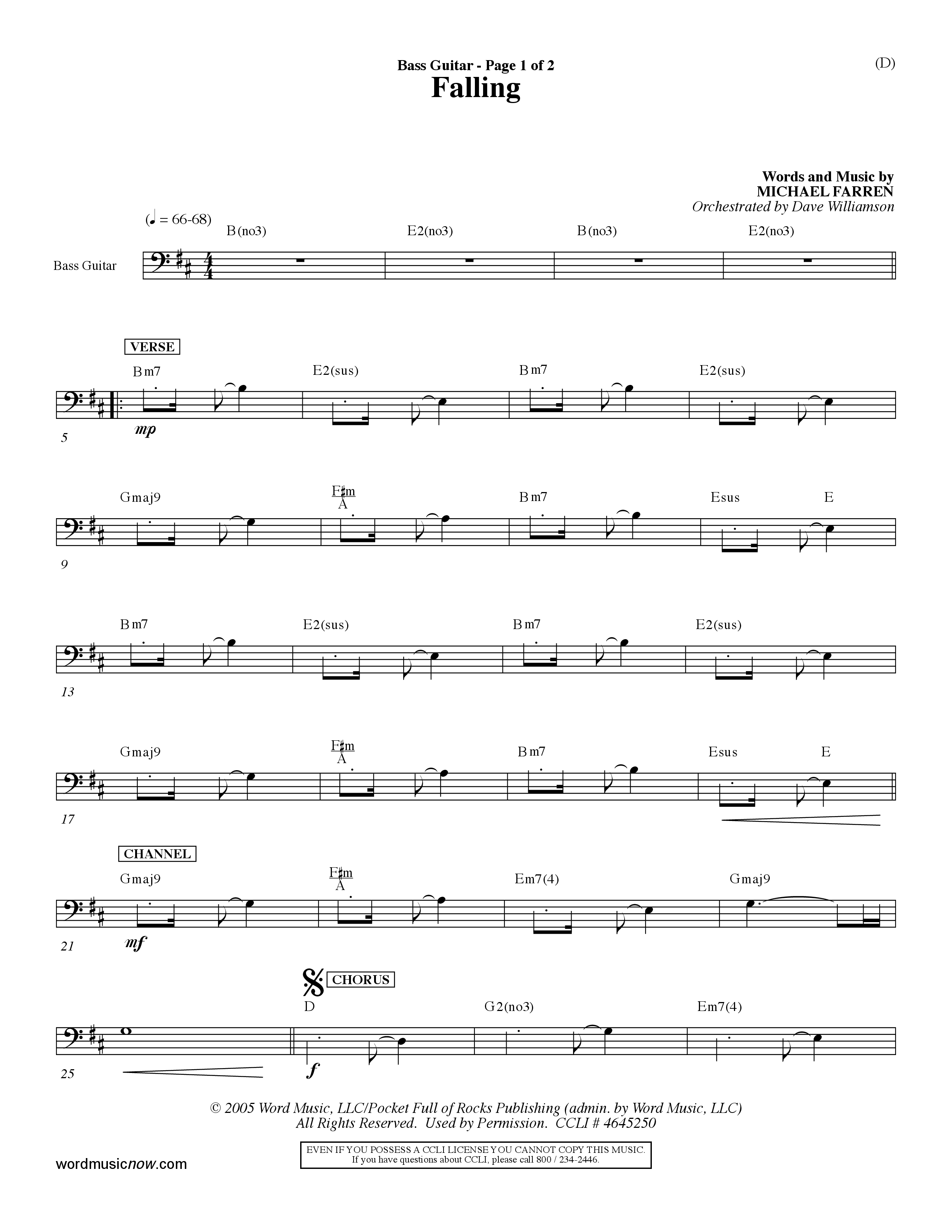 Falling (Choral Anthem SATB) Bass Guitar (Word Music Choral / Orch. Dave Williamson)
