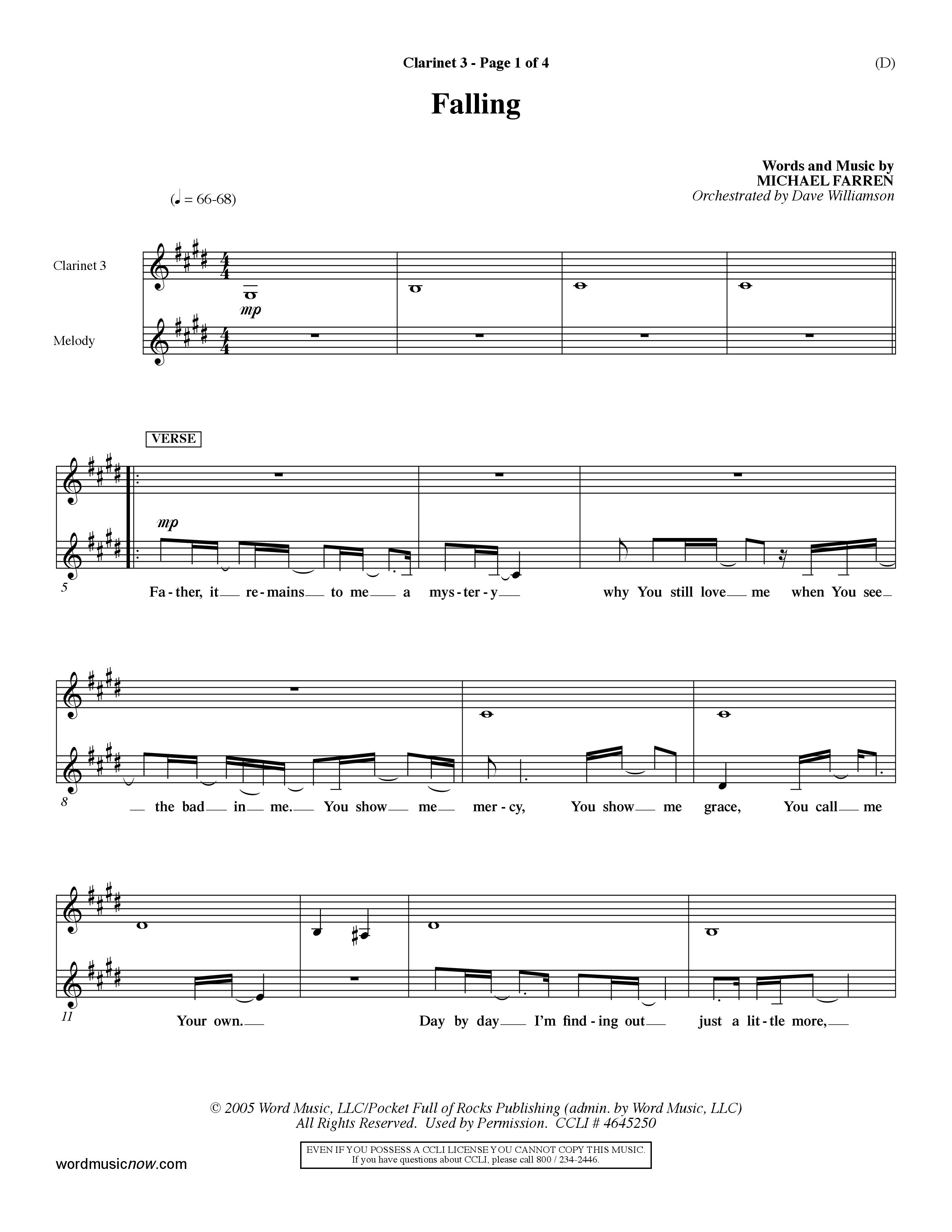 Falling (Choral Anthem SATB) Clarinet 3 (Word Music Choral / Orch. Dave Williamson)