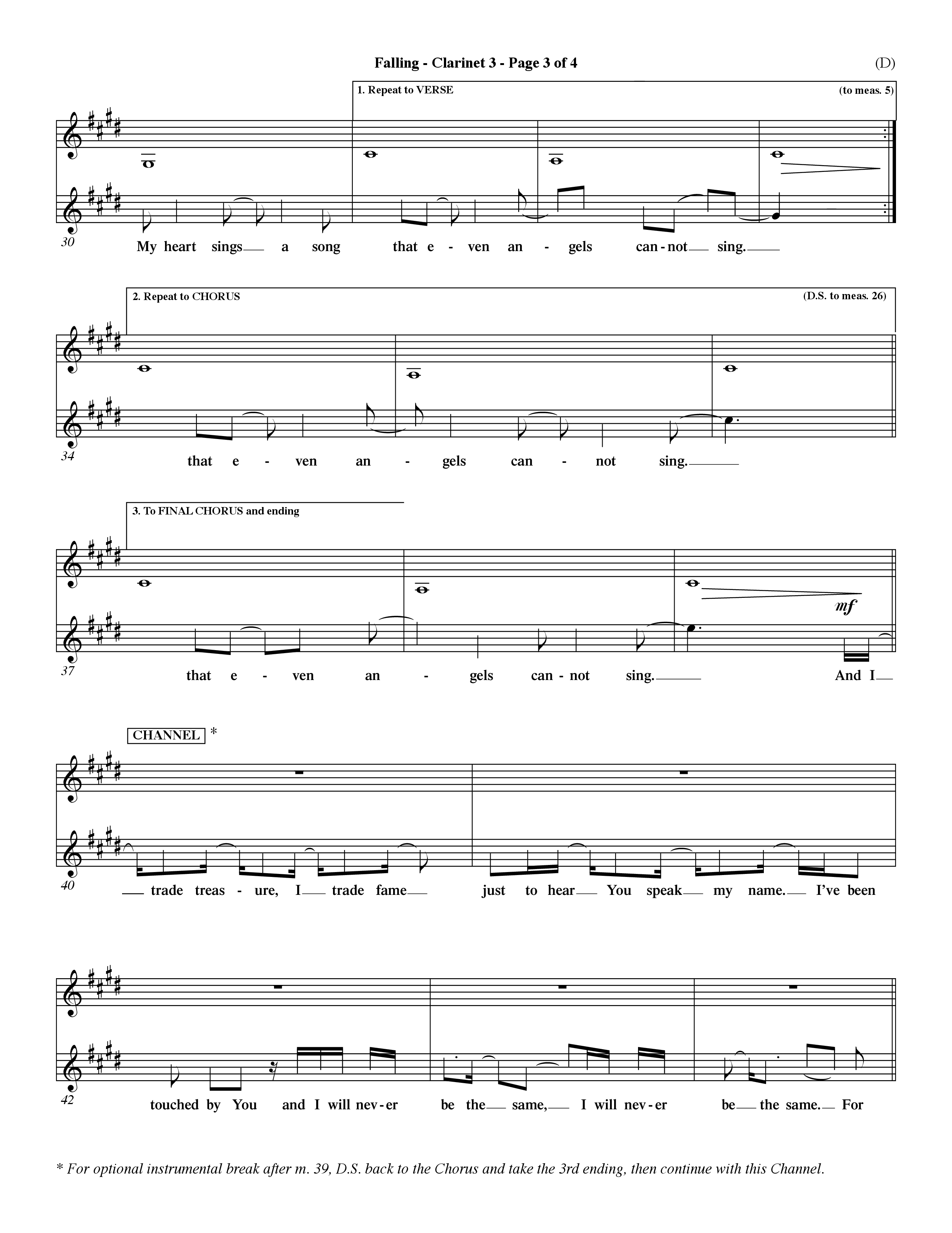 Falling (Choral Anthem SATB) Clarinet 3 (Word Music Choral / Orch. Dave Williamson)