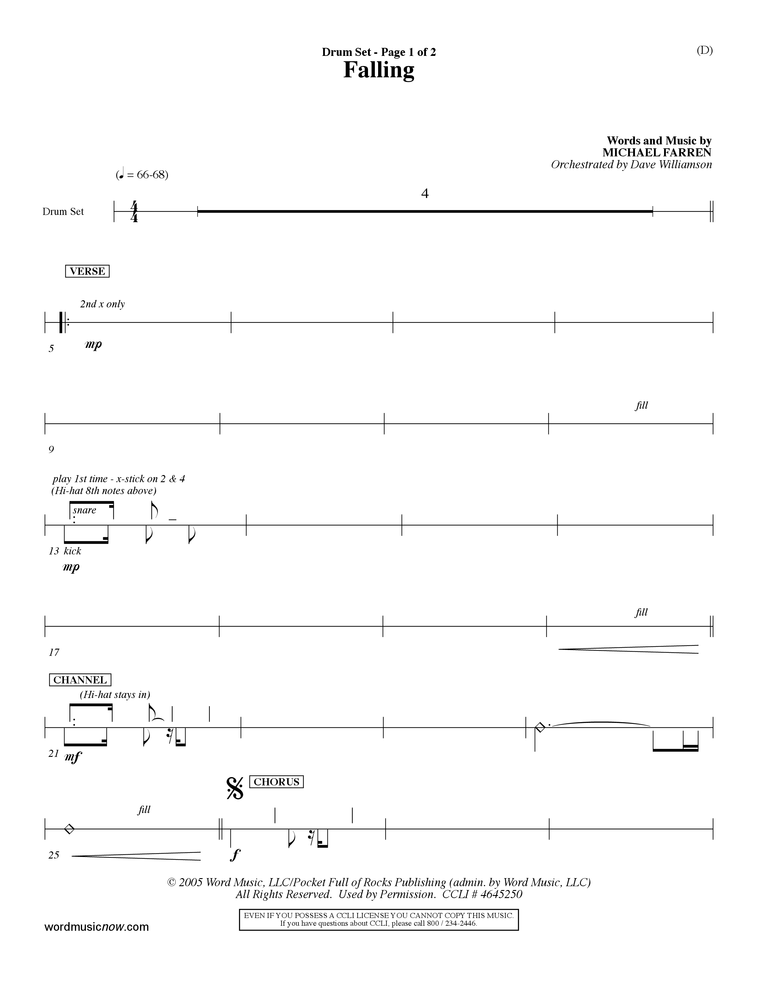 Falling (Choral Anthem SATB) Drum Set (Word Music Choral / Orch. Dave Williamson)