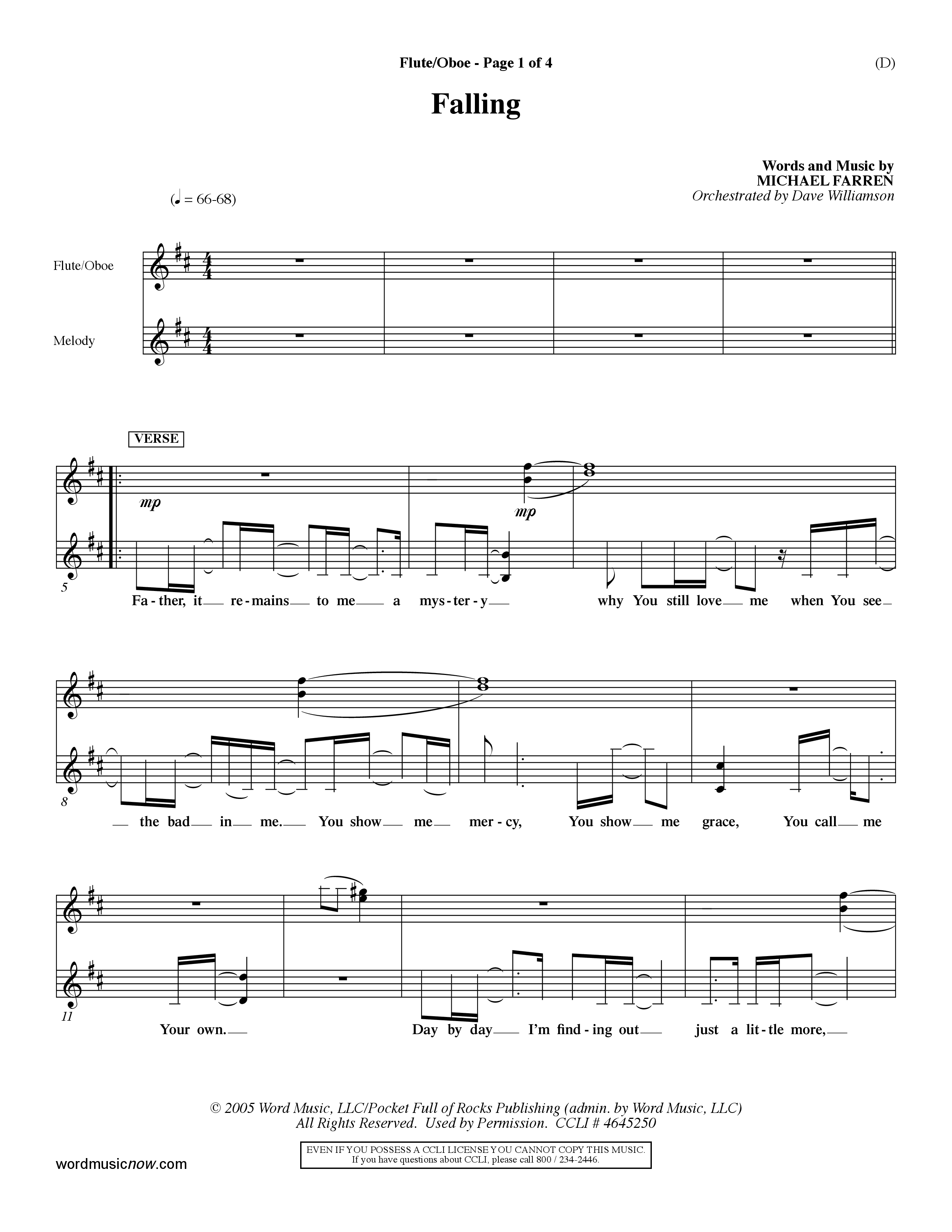 Falling (Choral Anthem SATB) Flute/Oboe (Word Music Choral / Orch. Dave Williamson)
