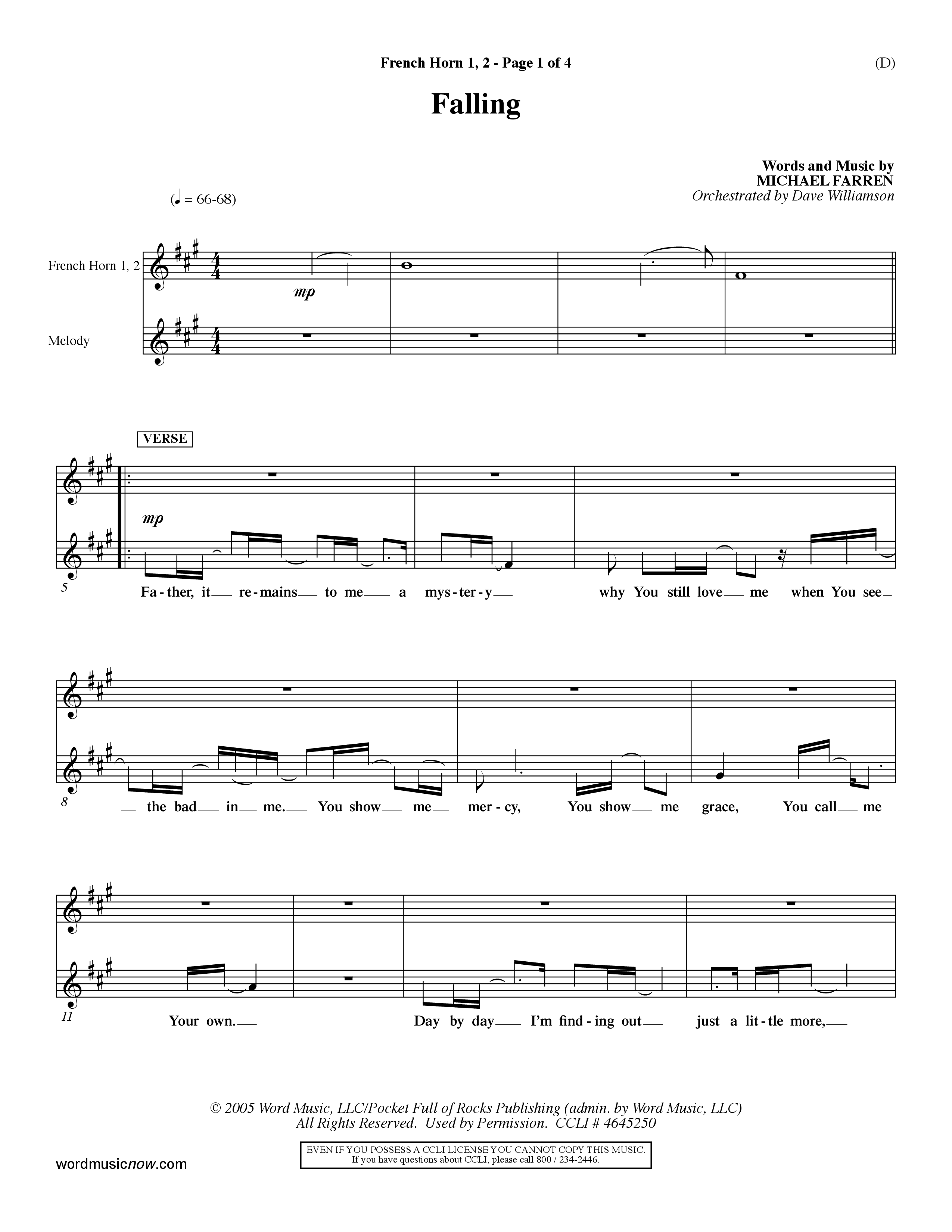 Falling (Choral Anthem SATB) French Horn (Word Music Choral / Orch. Dave Williamson)