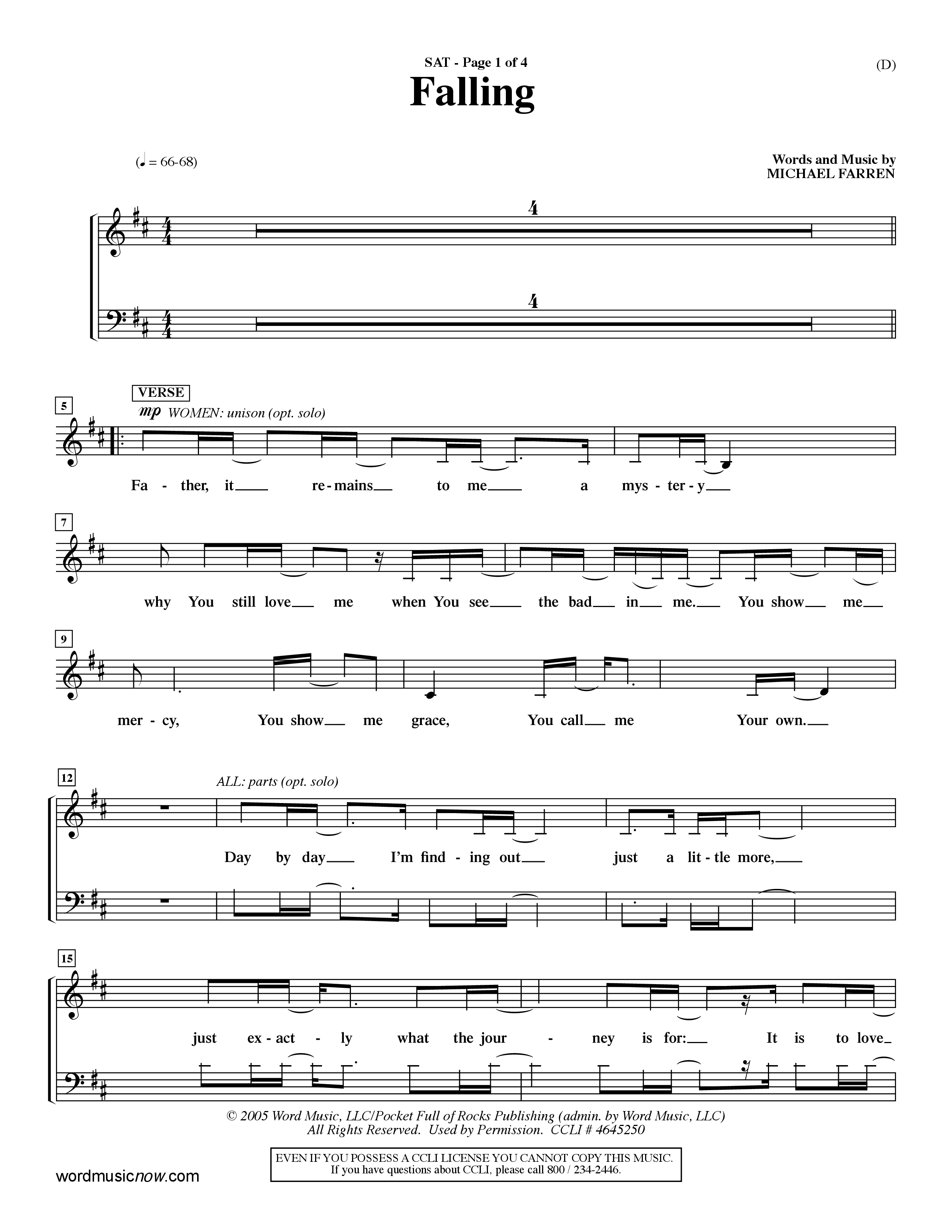 Falling (Choral Anthem SATB) Lead Sheet (SAT) (Word Music Choral / Orch. Dave Williamson)