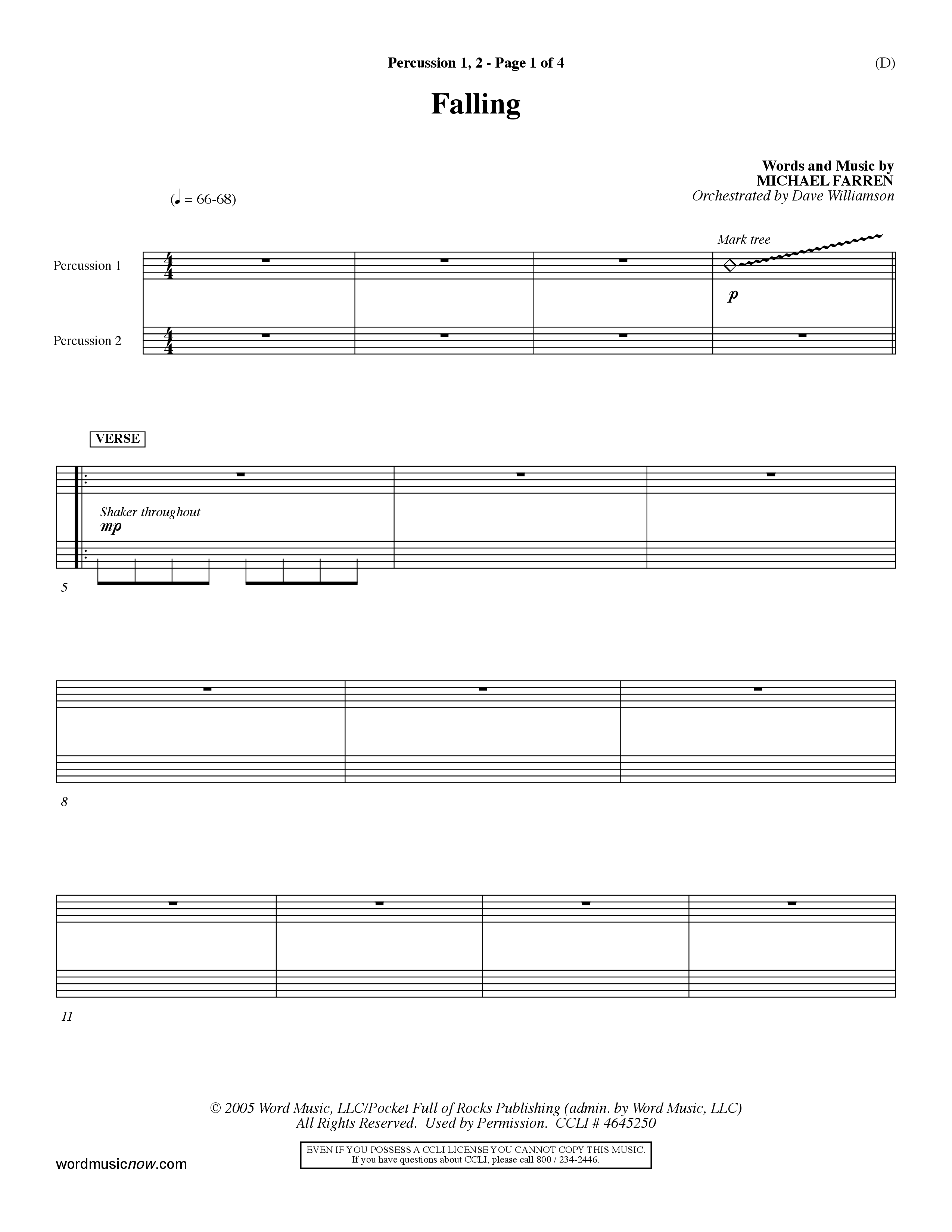 Falling (Choral Anthem SATB) Percussion 1/2 (Word Music Choral / Orch. Dave Williamson)
