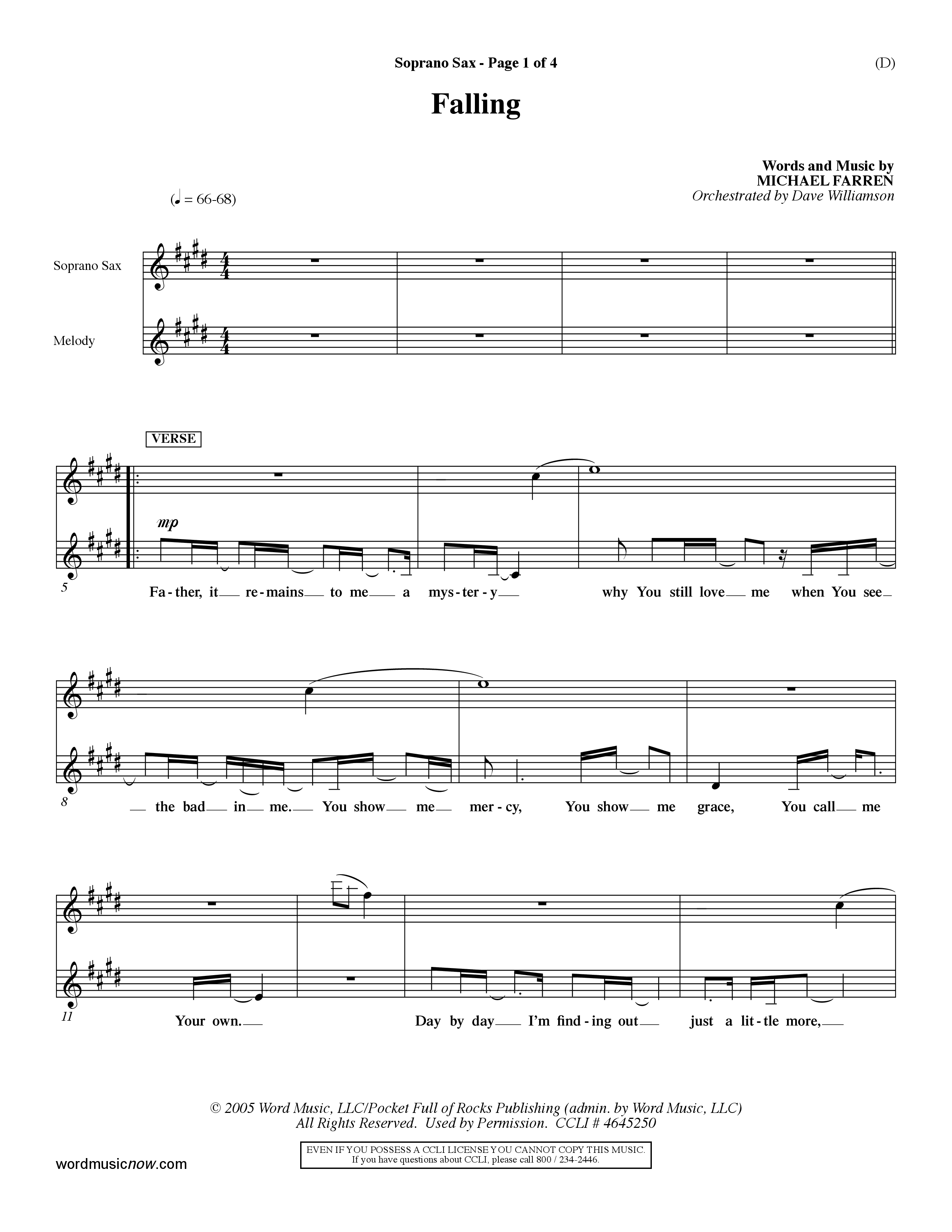 Falling (Choral Anthem SATB) Saxophone (Word Music Choral / Orch. Dave Williamson)