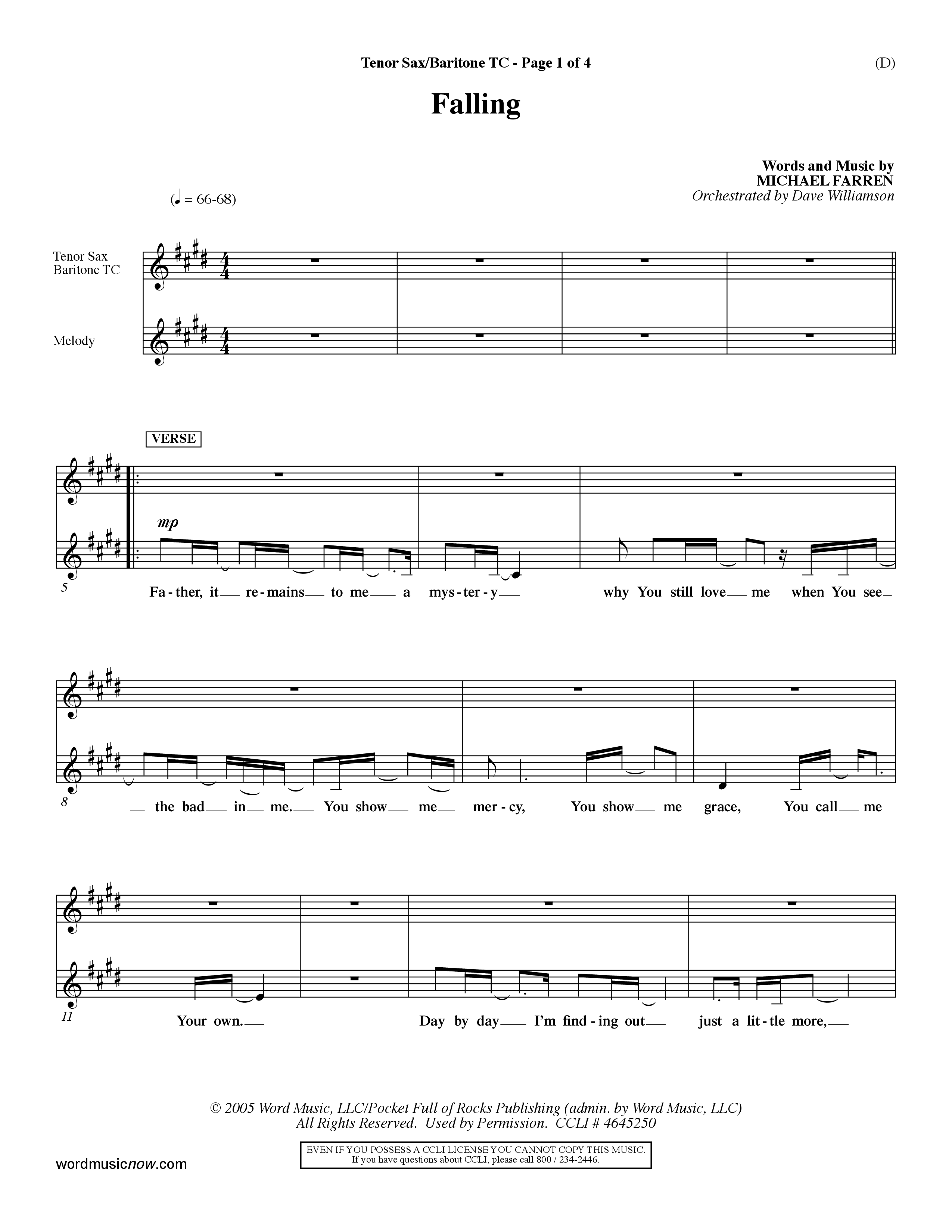 Falling (Choral Anthem SATB) Tenor Sax/Baritone T.C. (Word Music Choral / Orch. Dave Williamson)