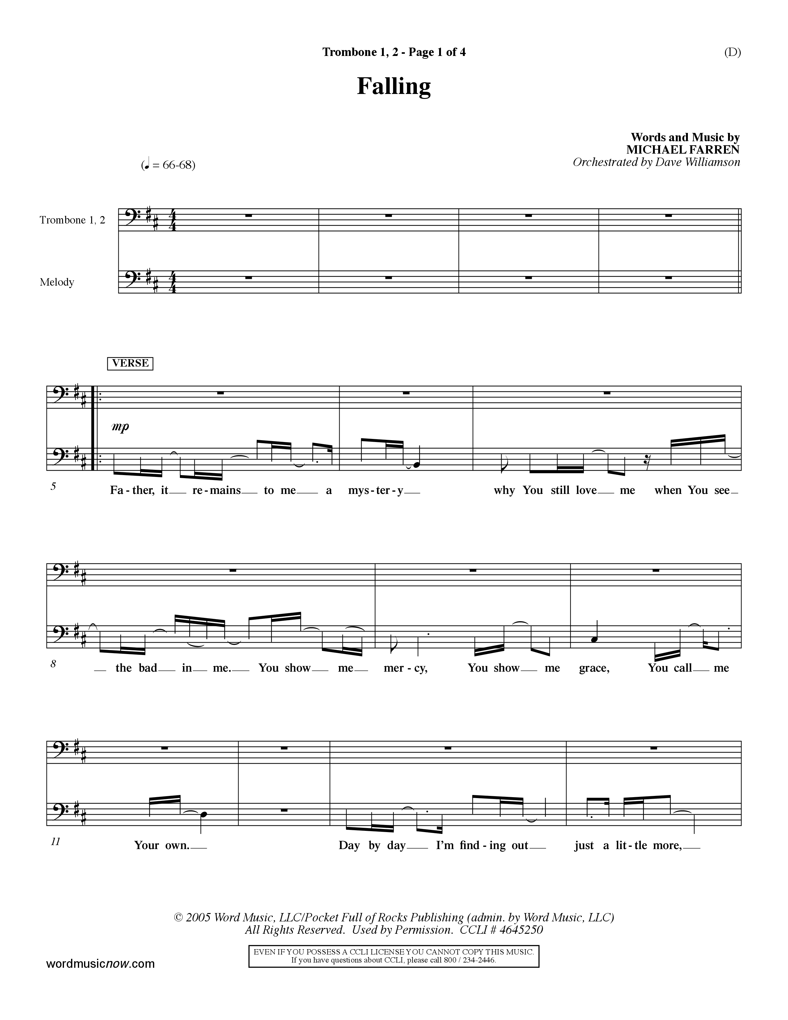 Falling (Choral Anthem SATB) Trombone 1/2 (Word Music Choral / Orch. Dave Williamson)