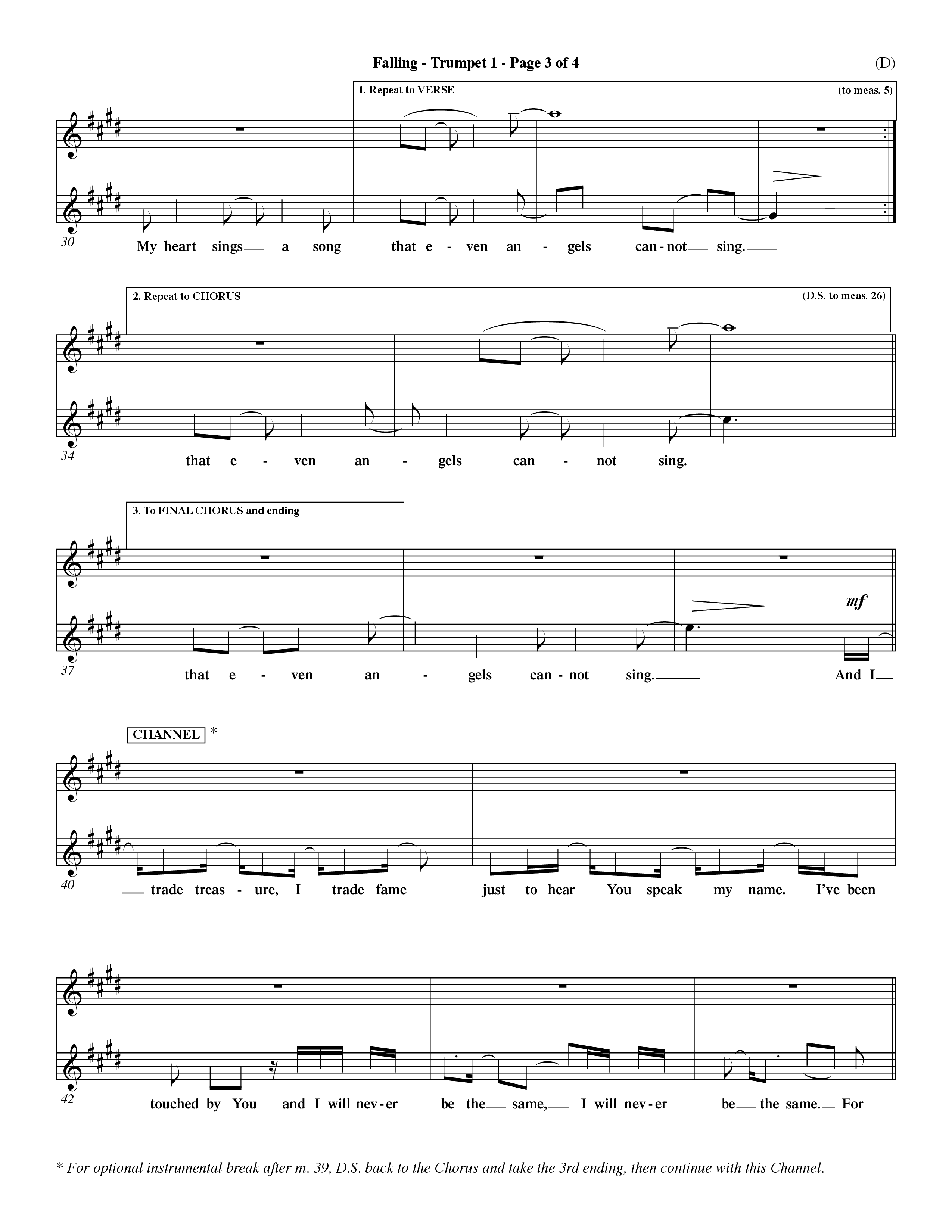 Falling (Choral Anthem SATB) Trumpet 1 (Word Music Choral / Orch. Dave Williamson)