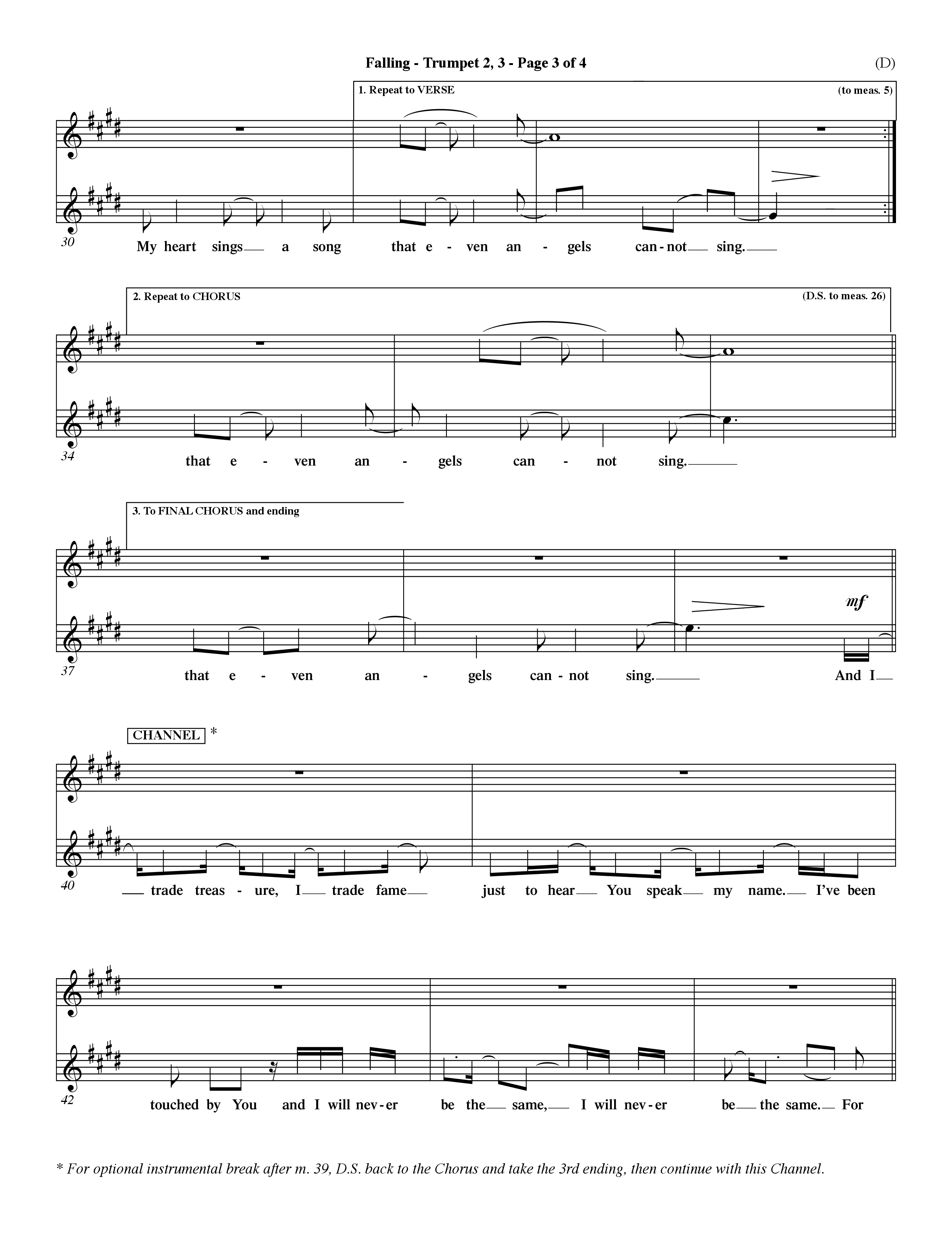 Falling (Choral Anthem SATB) Trumpet 2/3 (Word Music Choral / Orch. Dave Williamson)