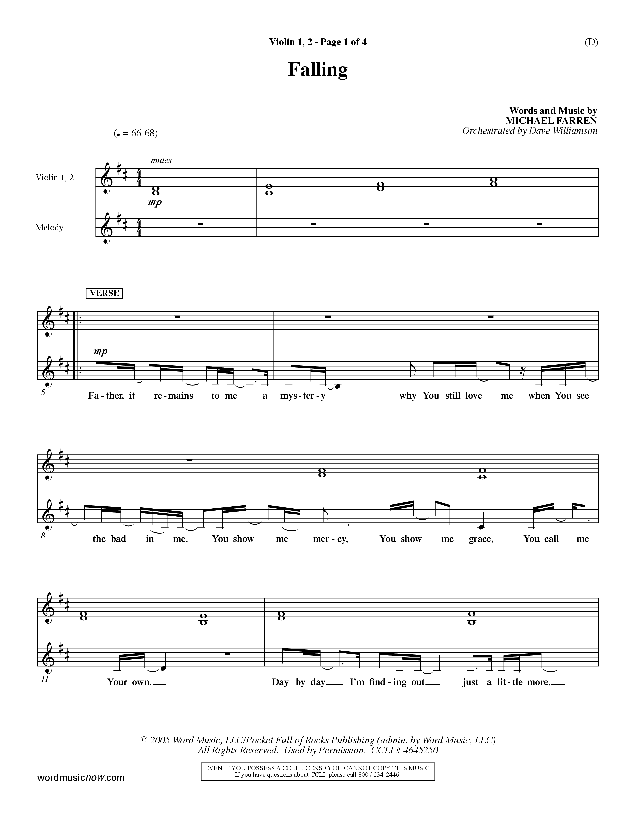 Falling (Choral Anthem SATB) Violin 1/2 (Word Music Choral / Orch. Dave Williamson)