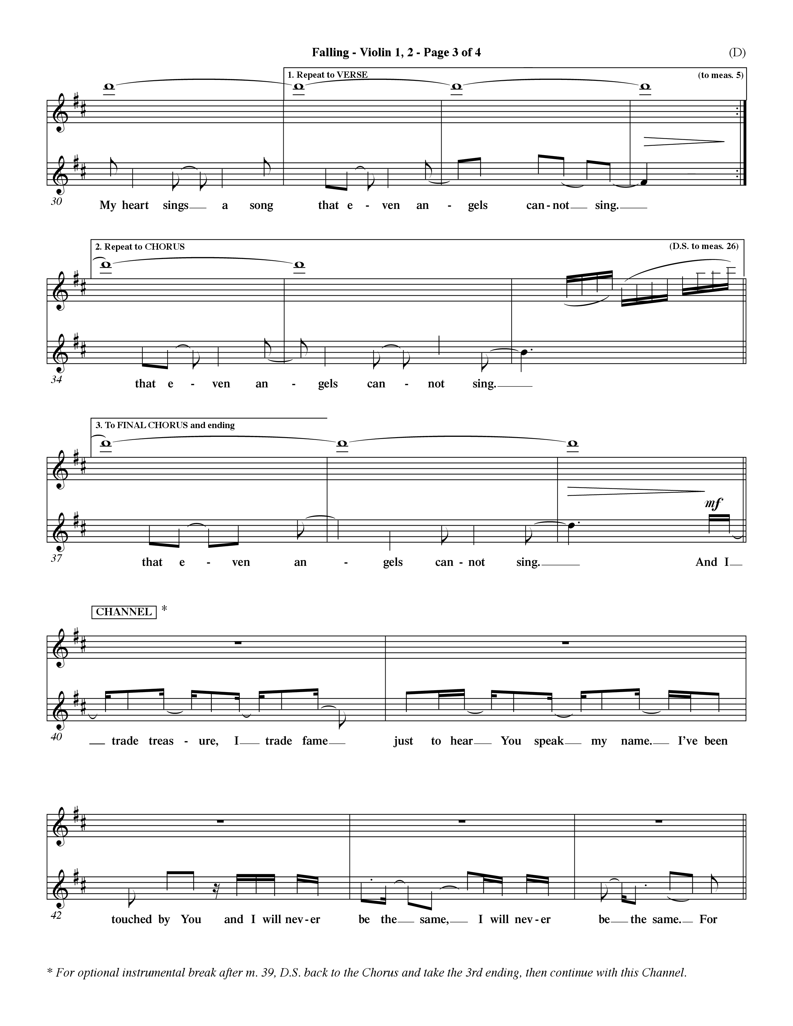 Falling (Choral Anthem SATB) Violin 1/2 (Word Music Choral / Orch. Dave Williamson)