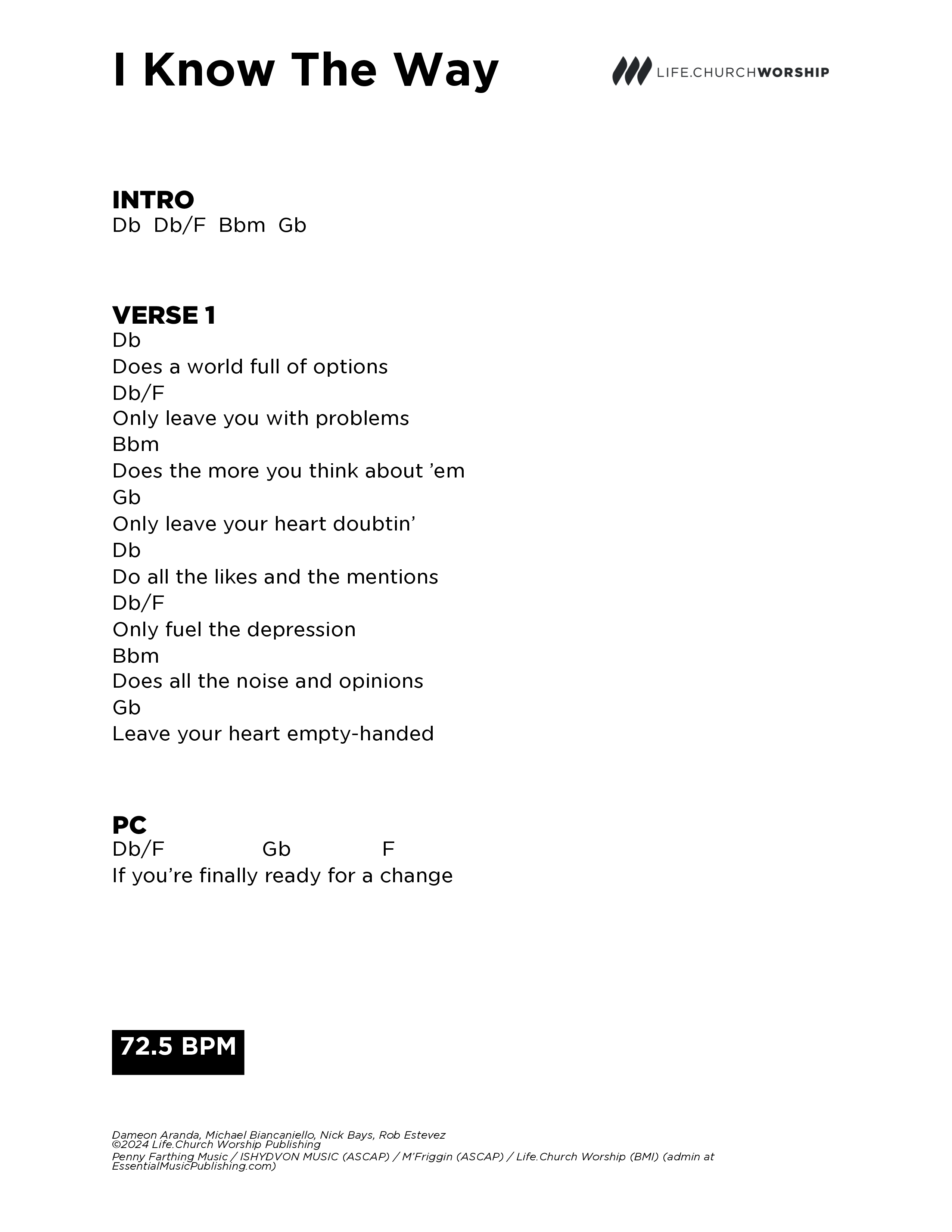 I Know The Way Chord Chart (Life.Church Worship)