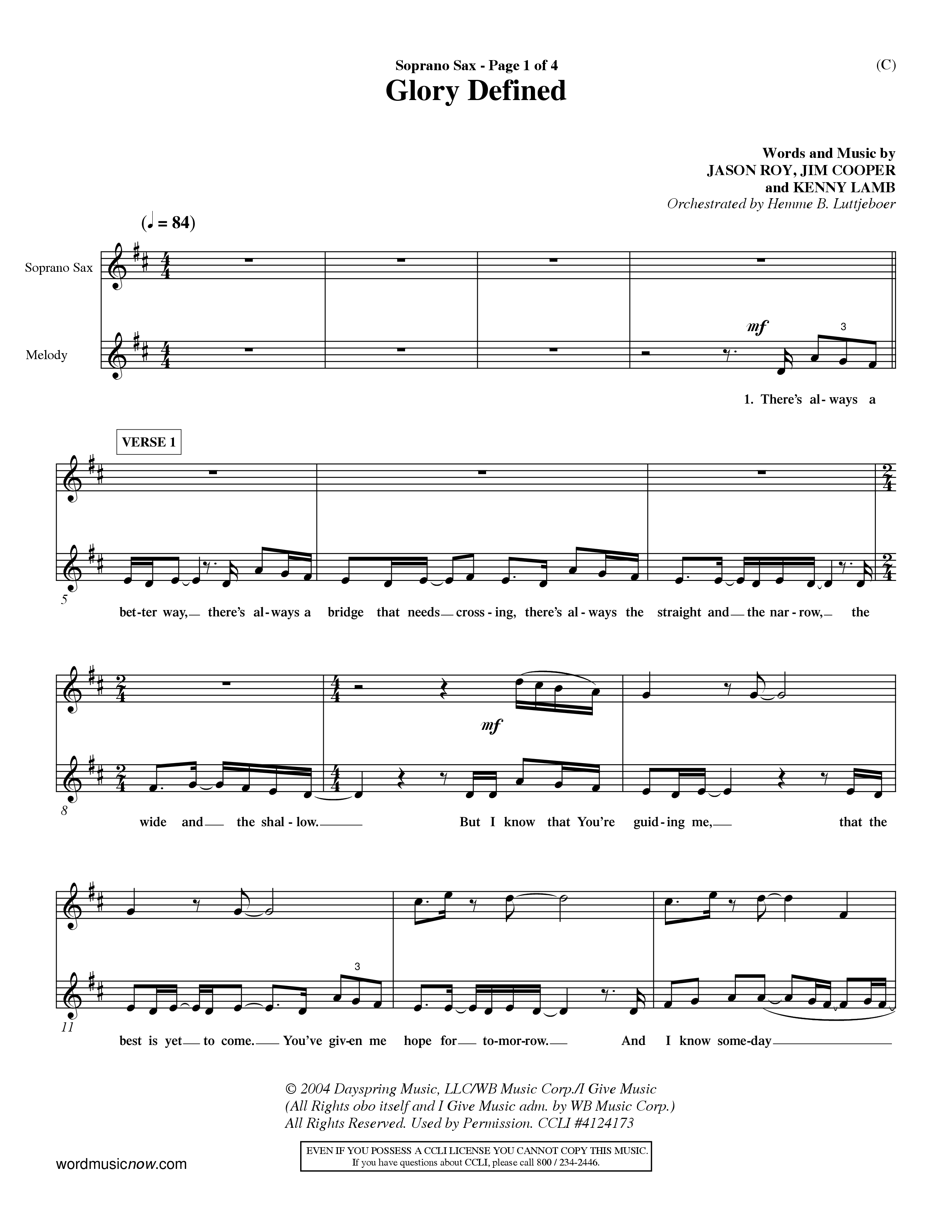 Glory Defined (Choral Anthem SATB) Saxophone (Word Music Choral / Orch. Hemme Luttjeboer)