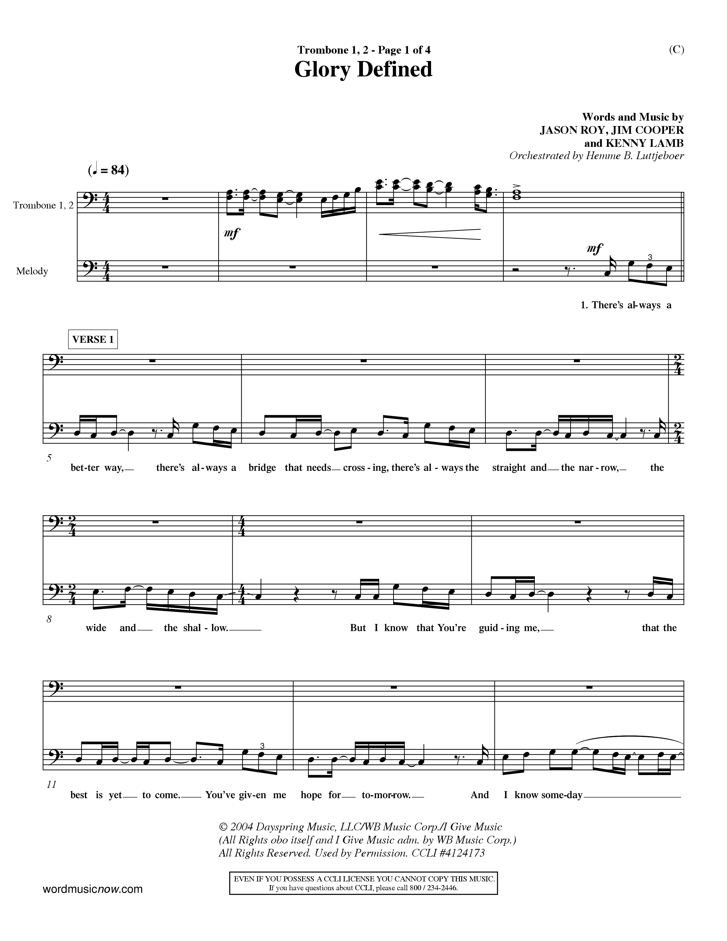 Glory Defined (Choral Anthem SATB) Trombone 1/2 (Word Music Choral / Orch. Hemme Luttjeboer)