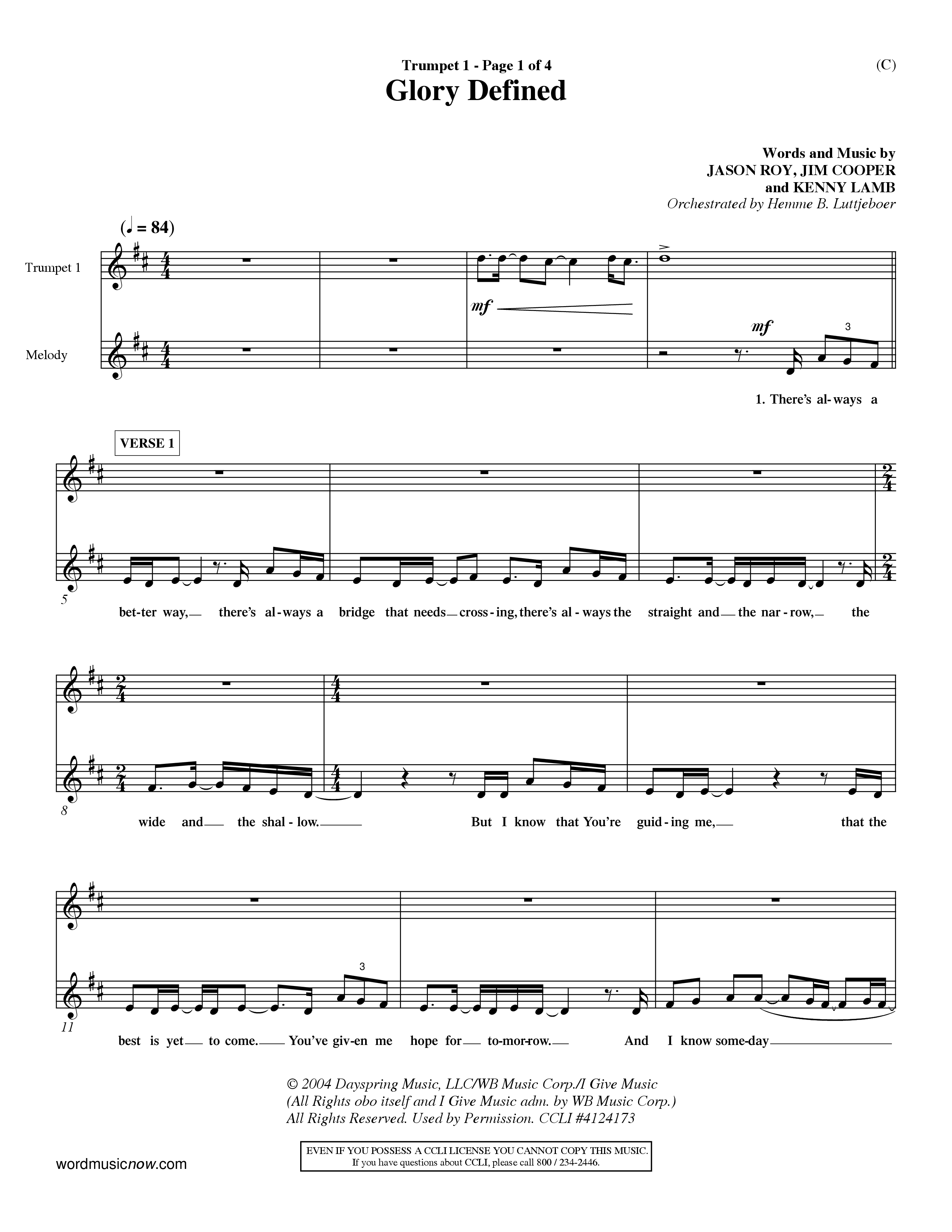 Glory Defined (Choral Anthem SATB) Trumpet 1 (Word Music Choral / Orch. Hemme Luttjeboer)