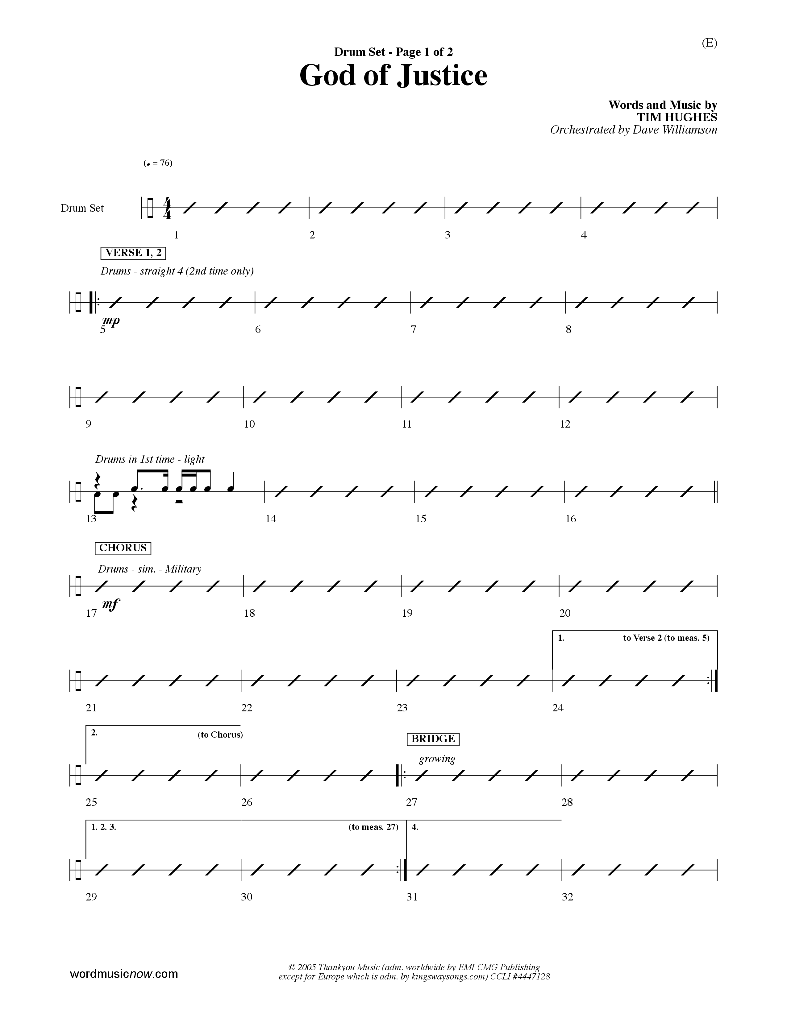 God Of Justice (Choral Anthem SATB) Drum Set (Word Music Choral / Orch. Dave Williamson)