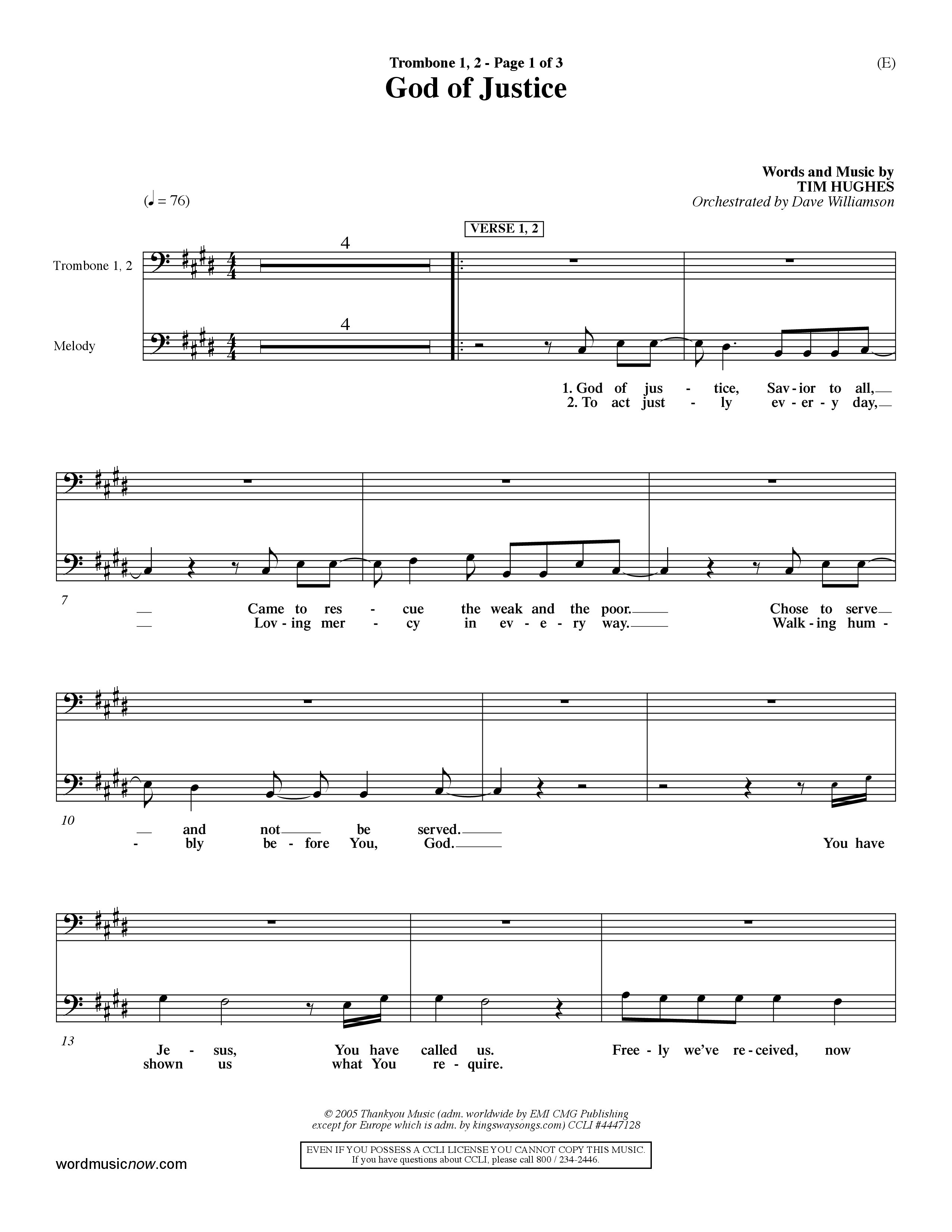 God Of Justice (Choral Anthem SATB) Trombone 1/2 (Word Music Choral / Orch. Dave Williamson)