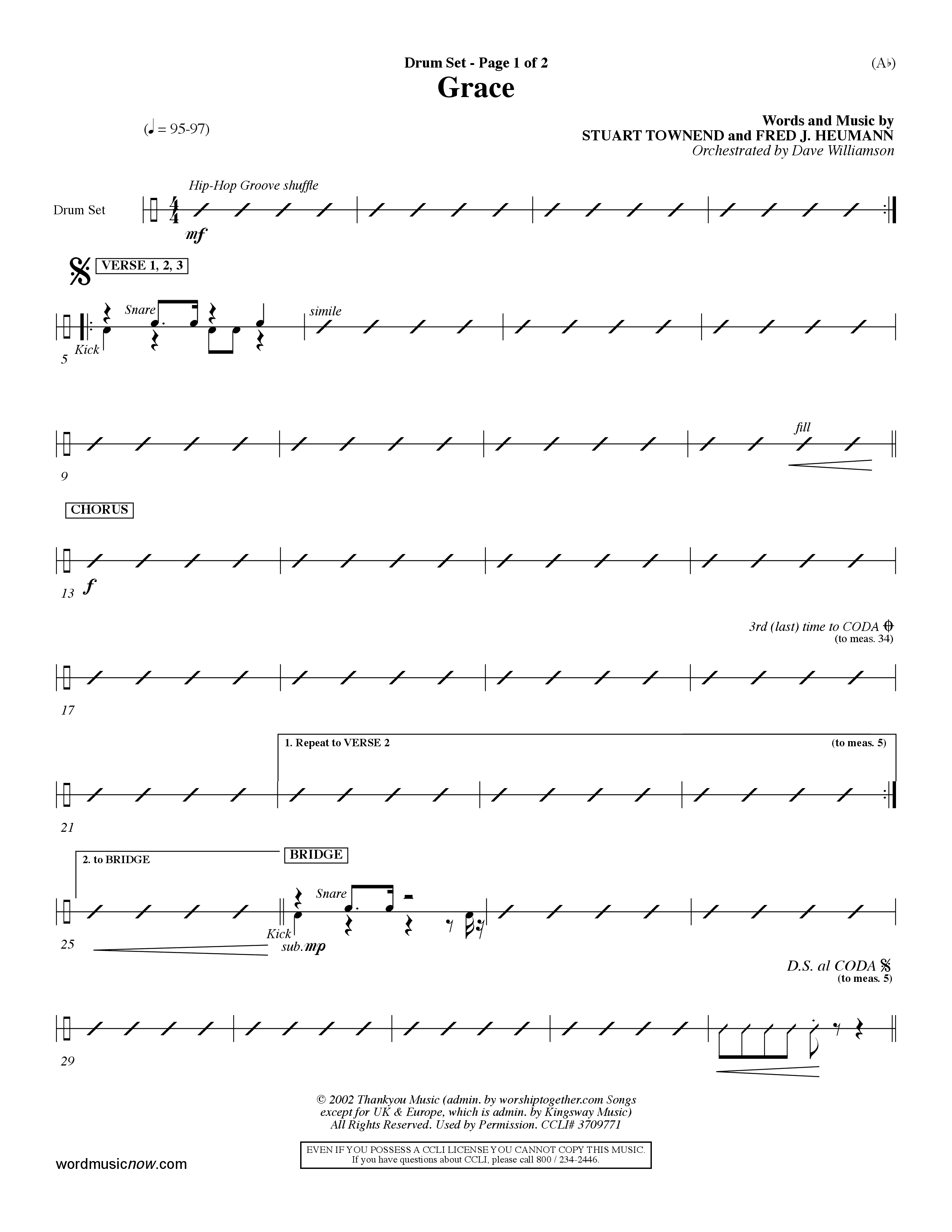 Grace (Choral Anthem SATB) Drum Set (Word Music Choral / Orch. Dave Williamson)