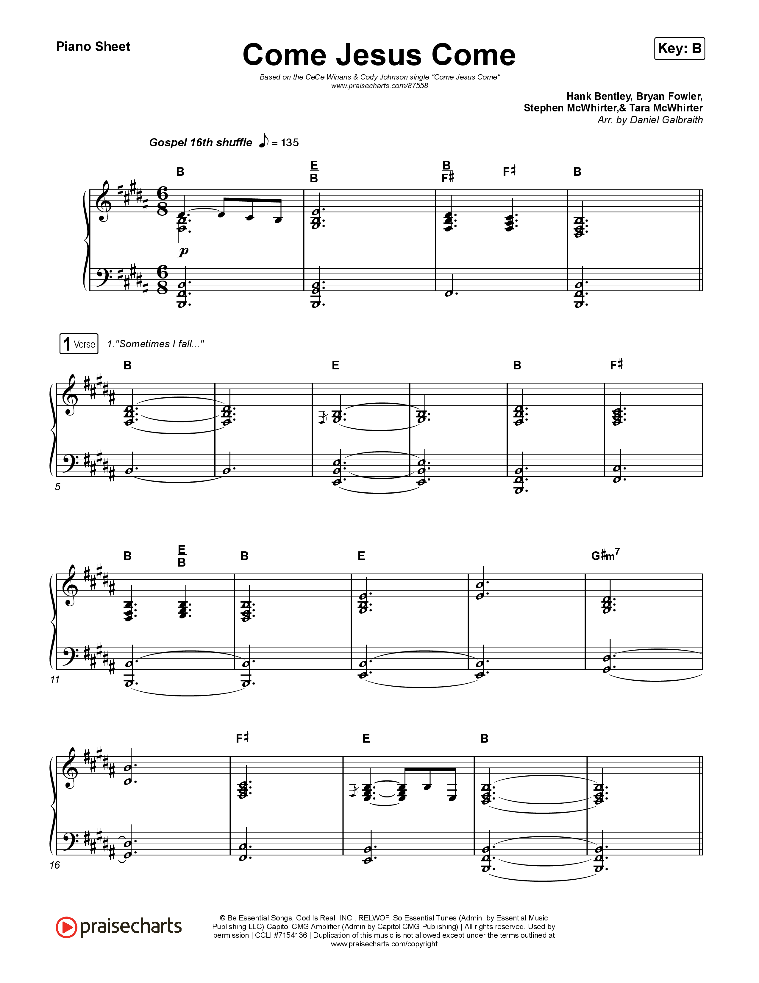 Come Jesus Come Piano Sheet (CeCe Winans / Cody Johnson)