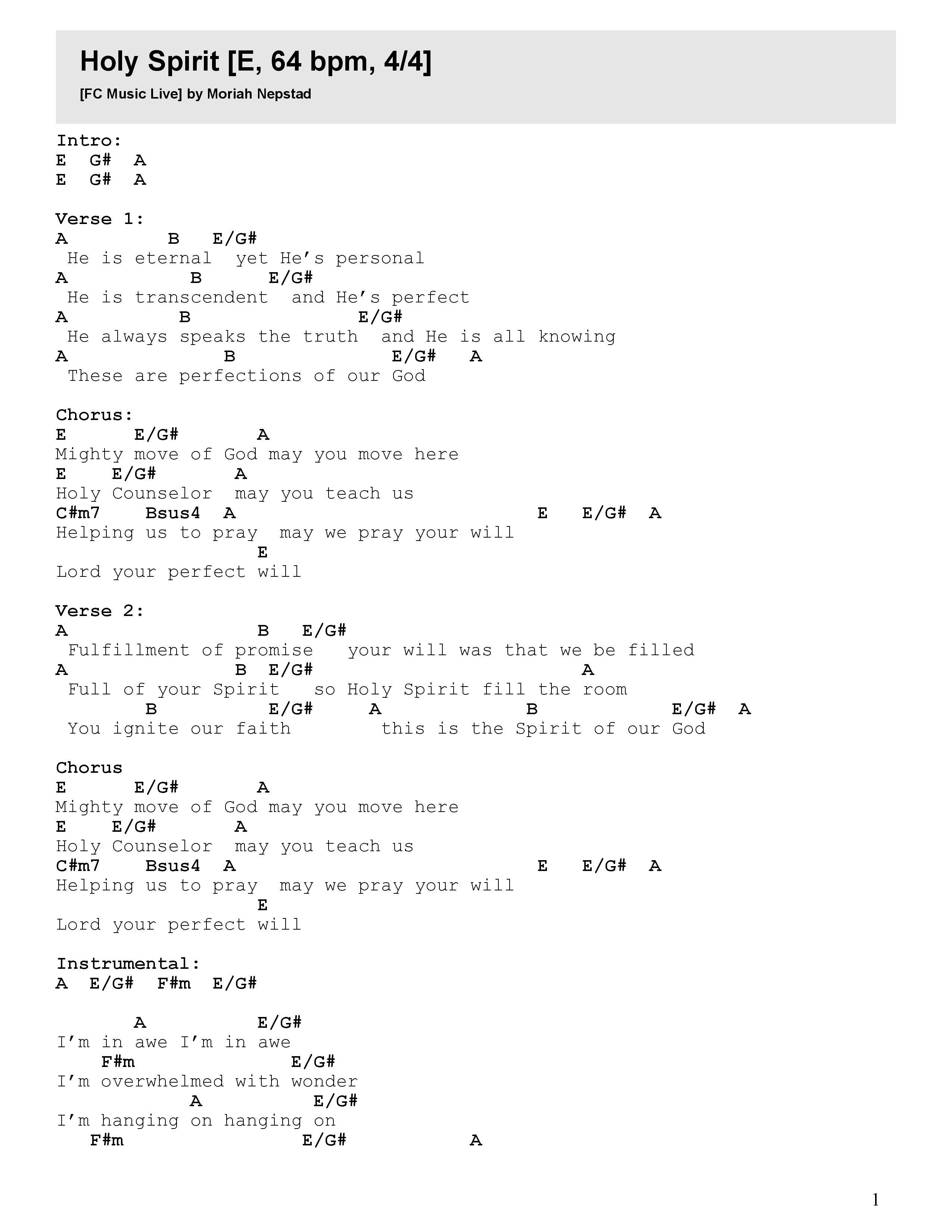 Holy Spirit (Live) Chord Chart (FC Music)