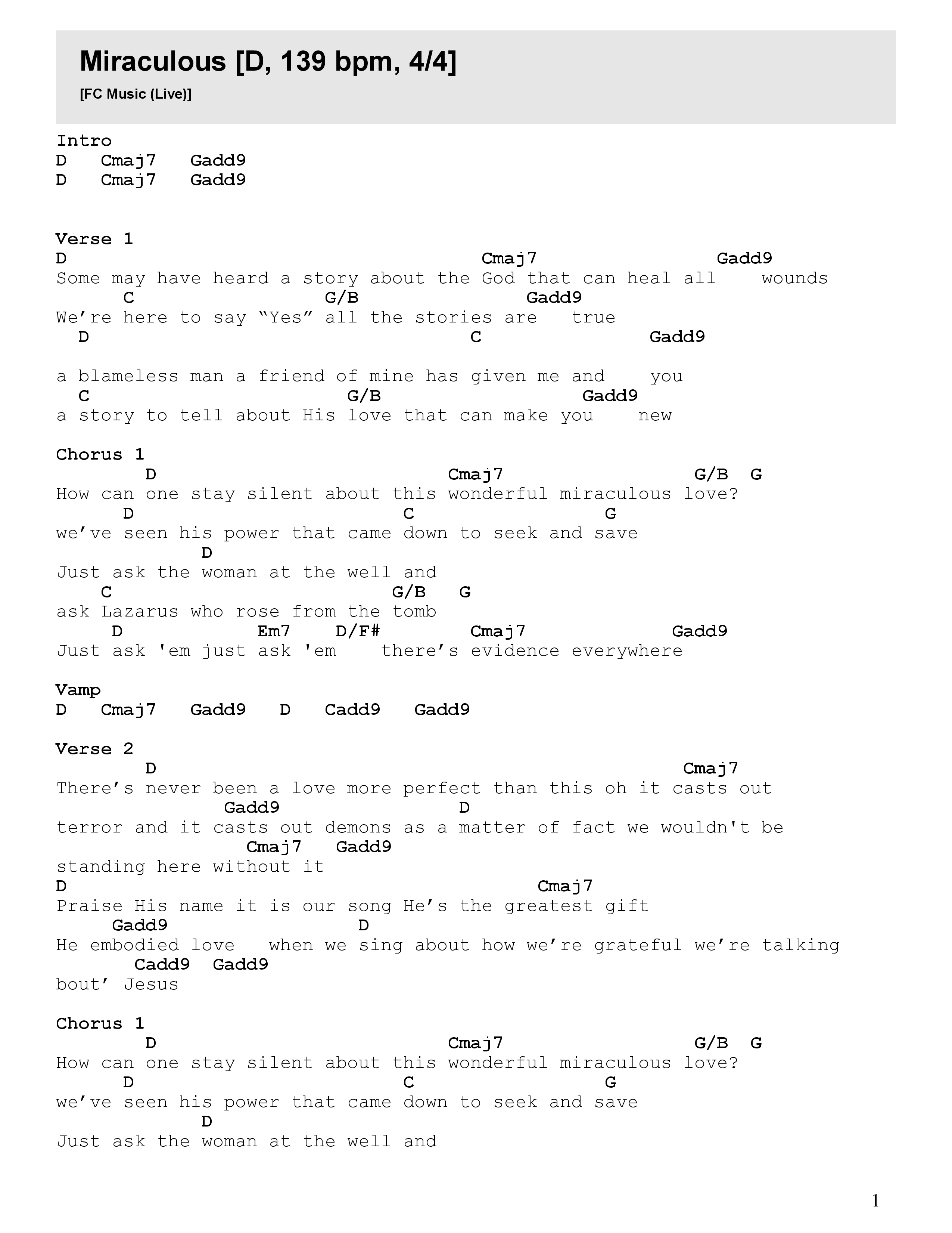 Miraculous (Live) Chord Chart (FC Music)
