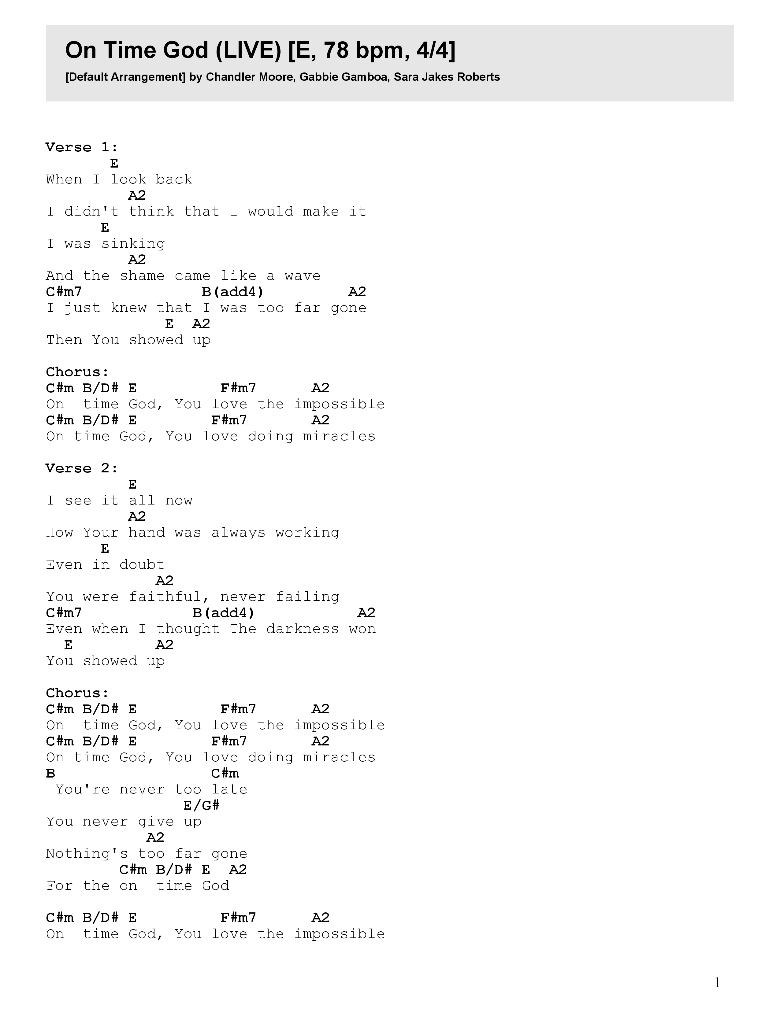 On Time God (Live) Chord Chart (FC Music)