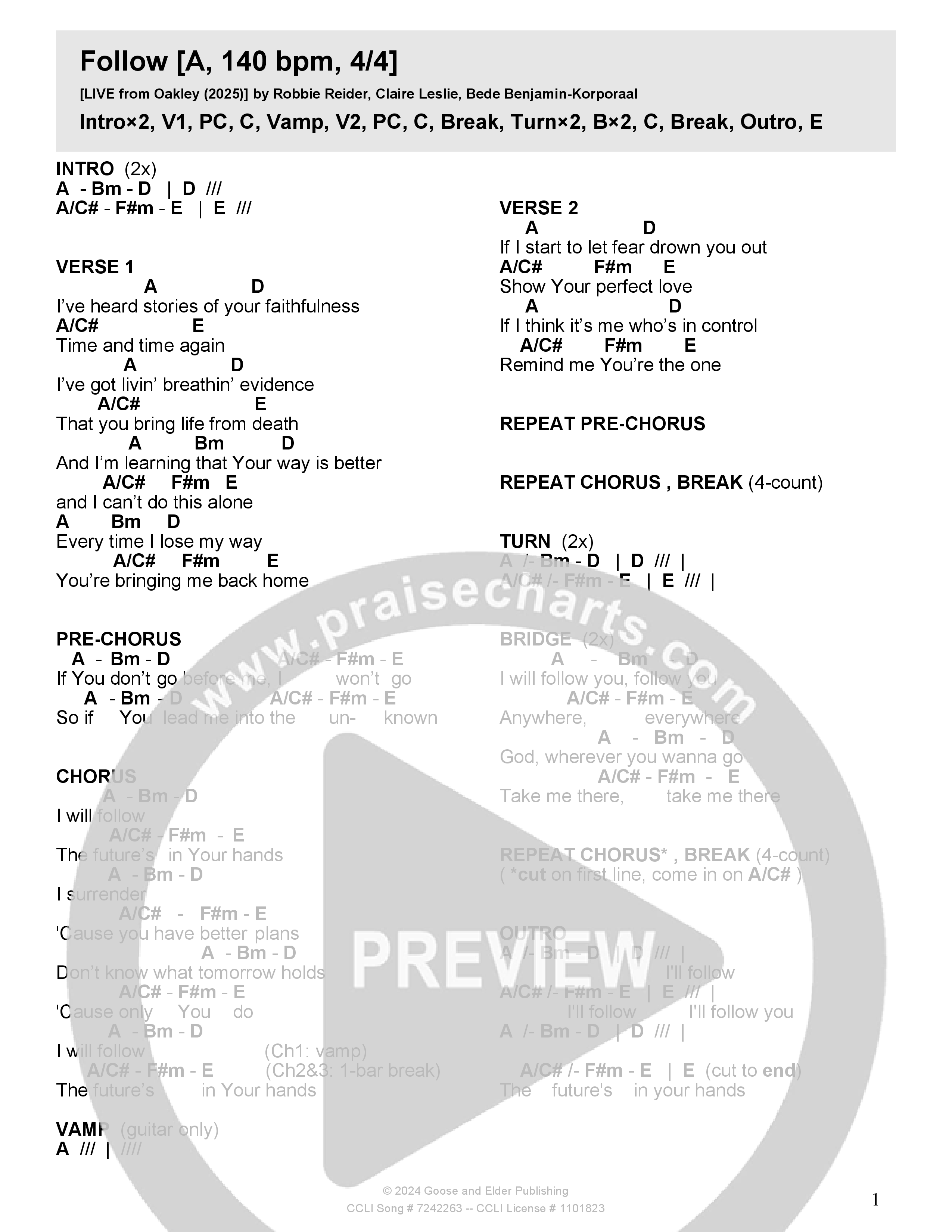 Follow (Live) Chord Chart (Crossroads Music)