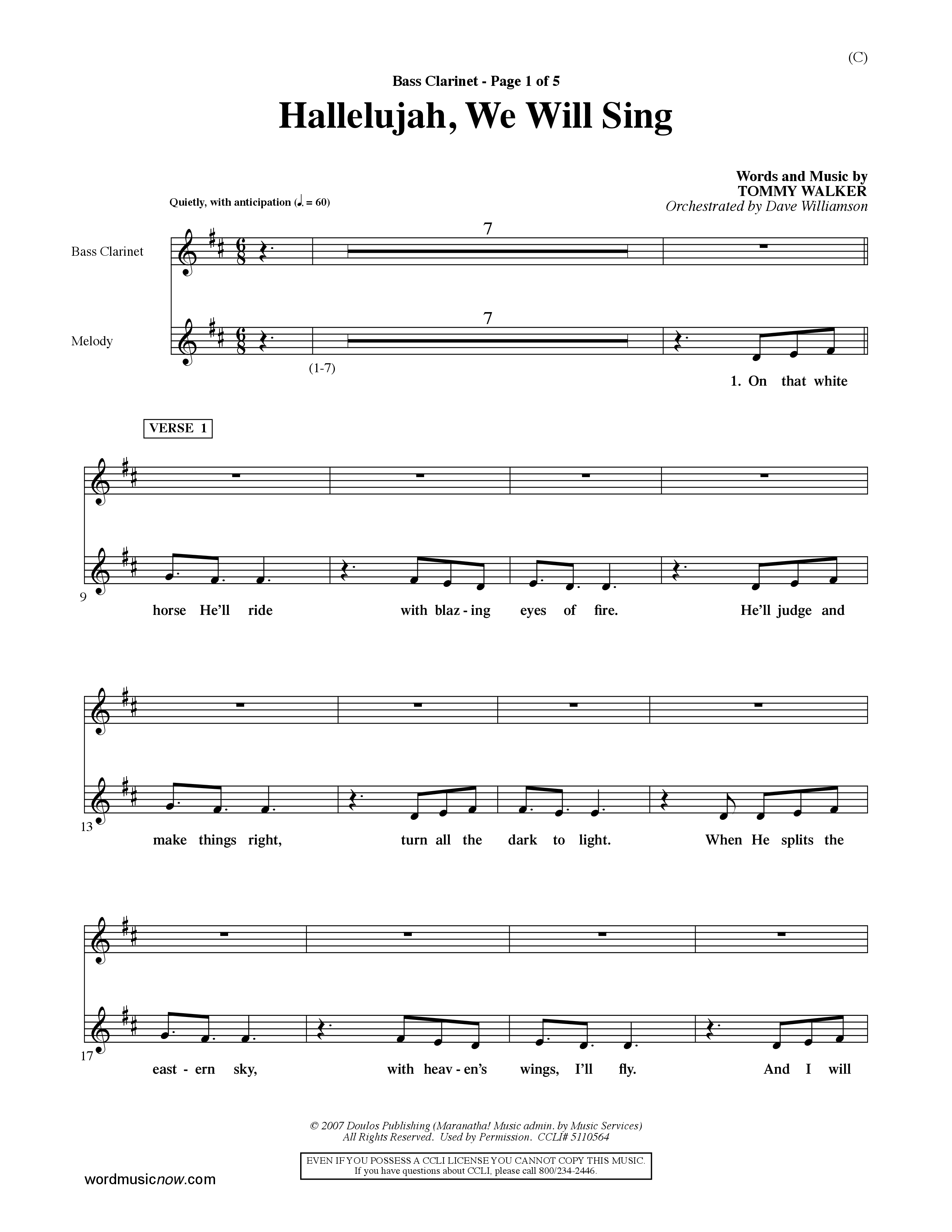 Hallelujah We Will Sing (Choral Anthem SATB) Bass Clarinet (Word Music Choral / Orch. Dave Williamson)