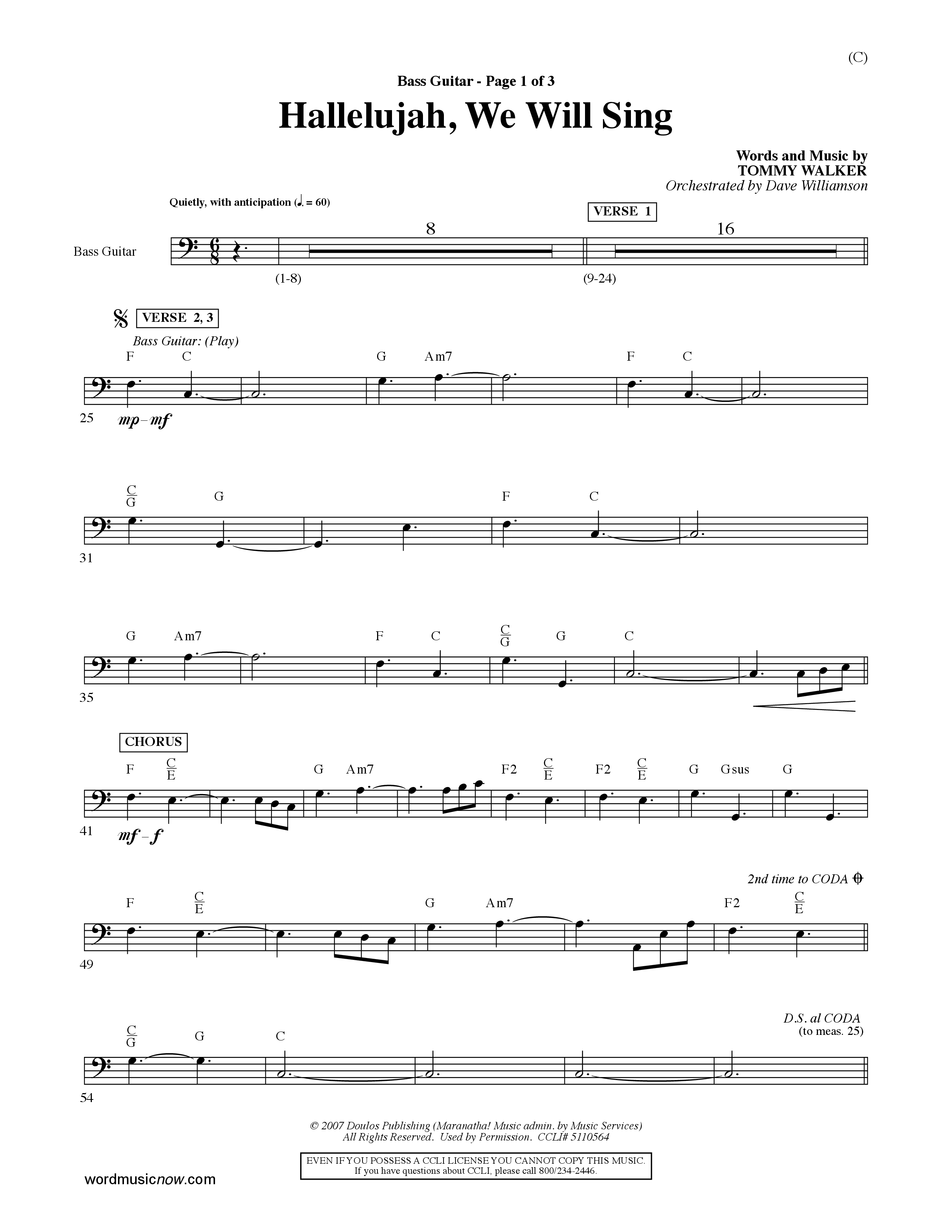 Hallelujah We Will Sing (Choral Anthem SATB) Bass Guitar (Word Music Choral / Orch. Dave Williamson)