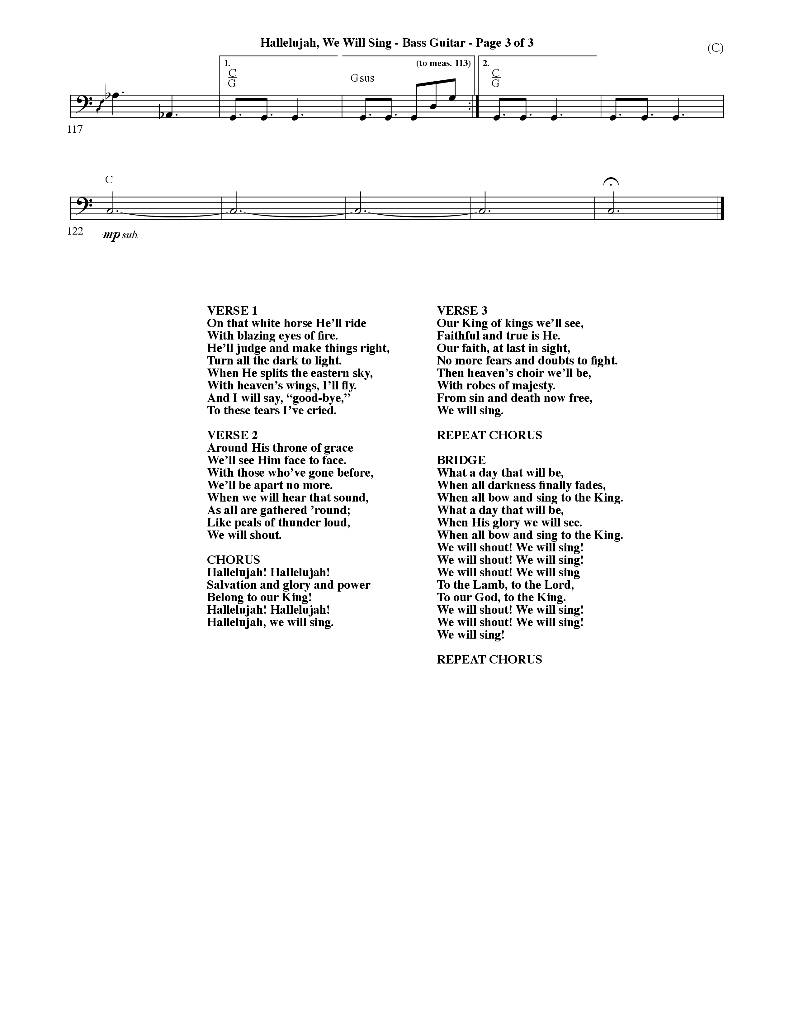 Hallelujah We Will Sing (Choral Anthem SATB) Bass Guitar (Word Music Choral / Orch. Dave Williamson)