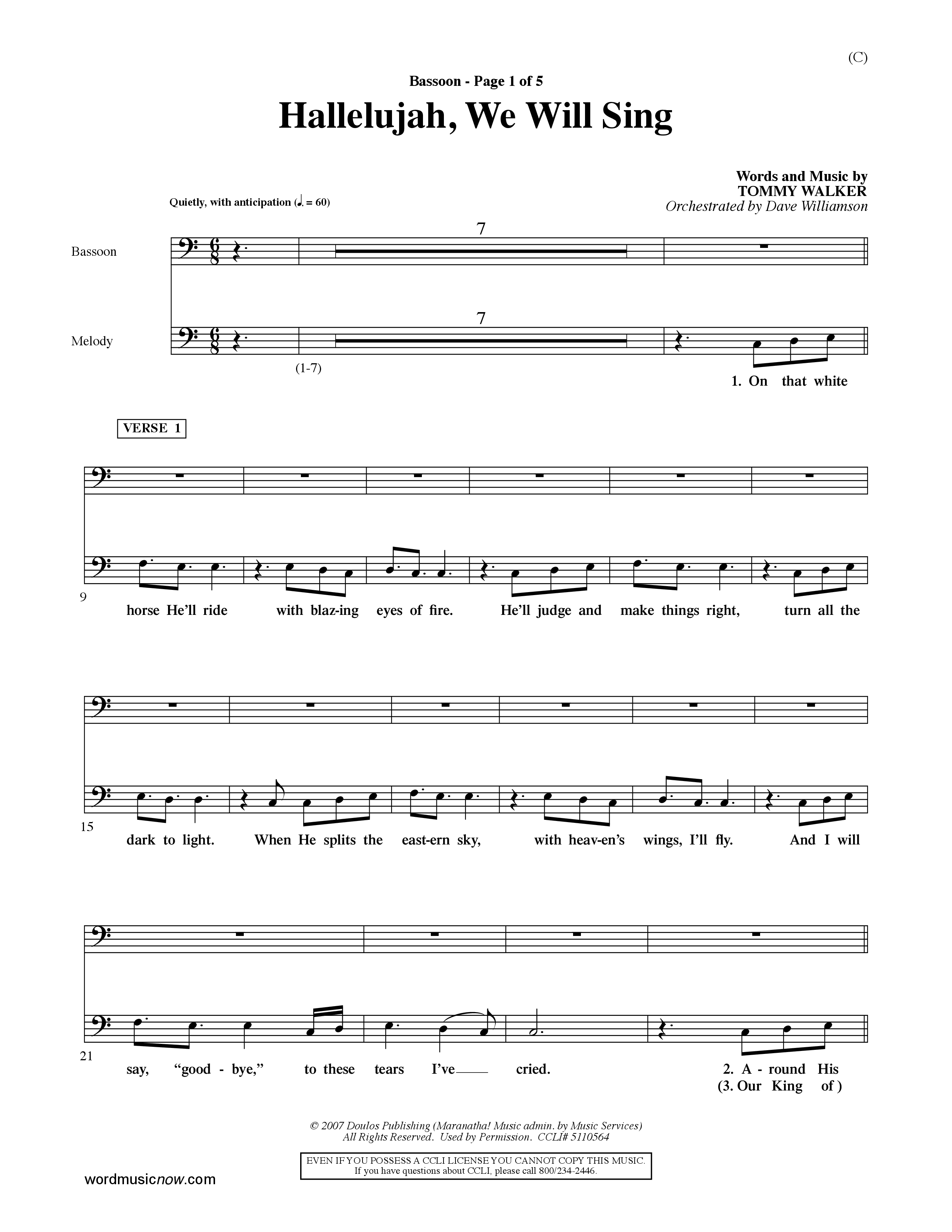 Hallelujah We Will Sing (Choral Anthem SATB) Bassoon (Word Music Choral / Orch. Dave Williamson)