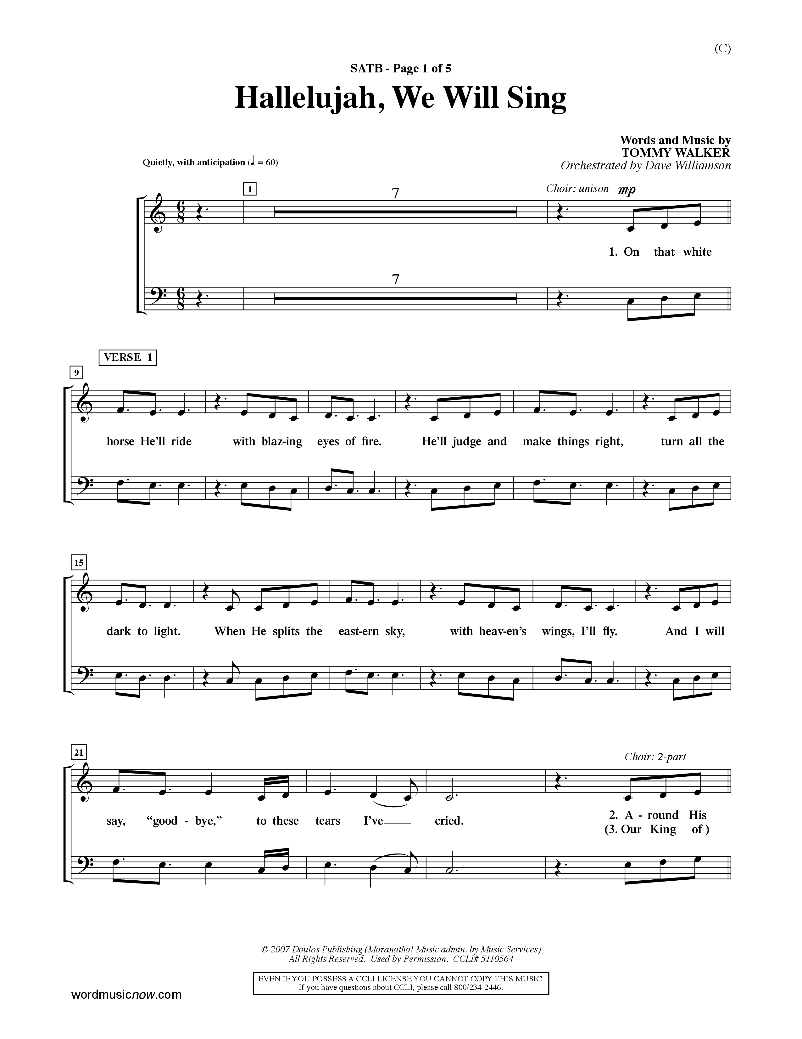 Hallelujah We Will Sing (Choral Anthem SATB) Choir Sheet (SATB) (Word Music Choral / Orch. Dave Williamson)