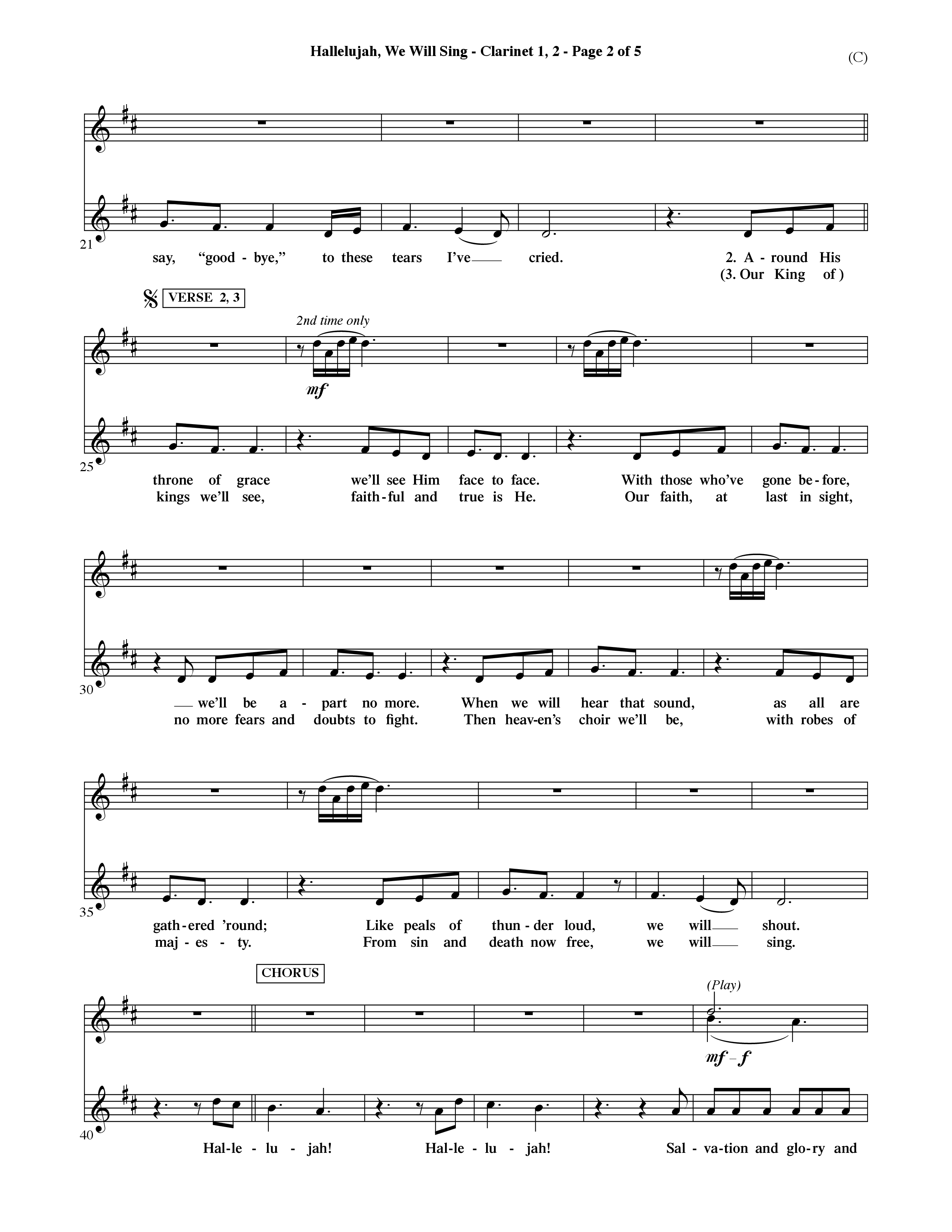 Hallelujah We Will Sing (Choral Anthem SATB) Clarinet 1/2 (Word Music Choral / Orch. Dave Williamson)