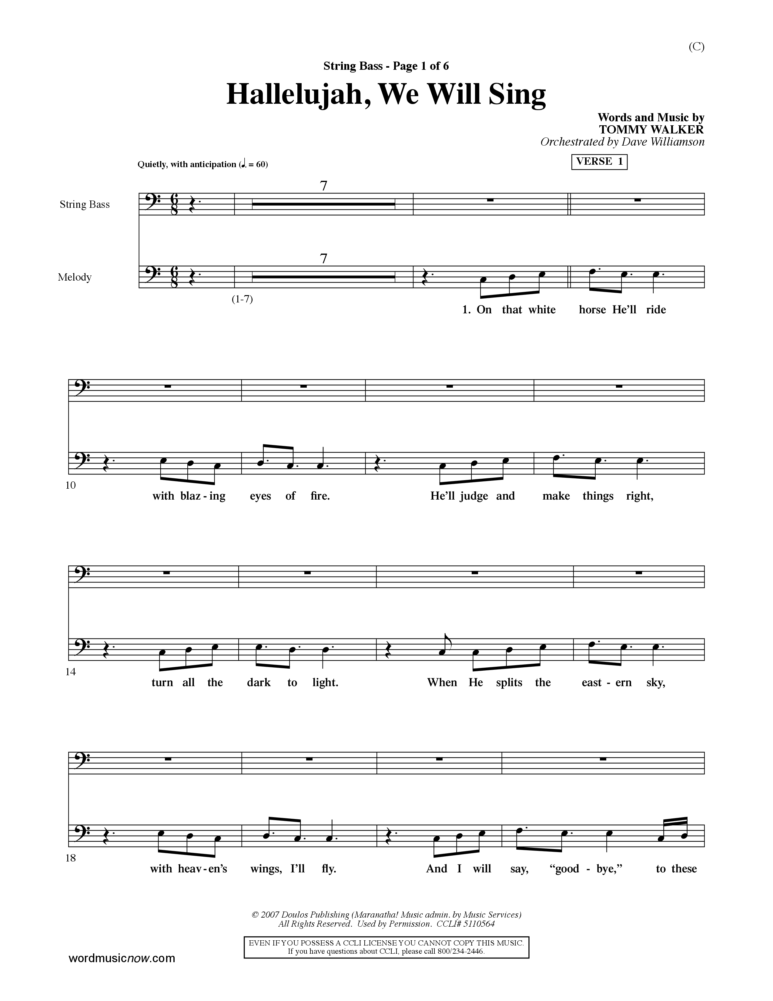 Hallelujah We Will Sing (Choral Anthem SATB) Double Bass (Word Music Choral / Orch. Dave Williamson)